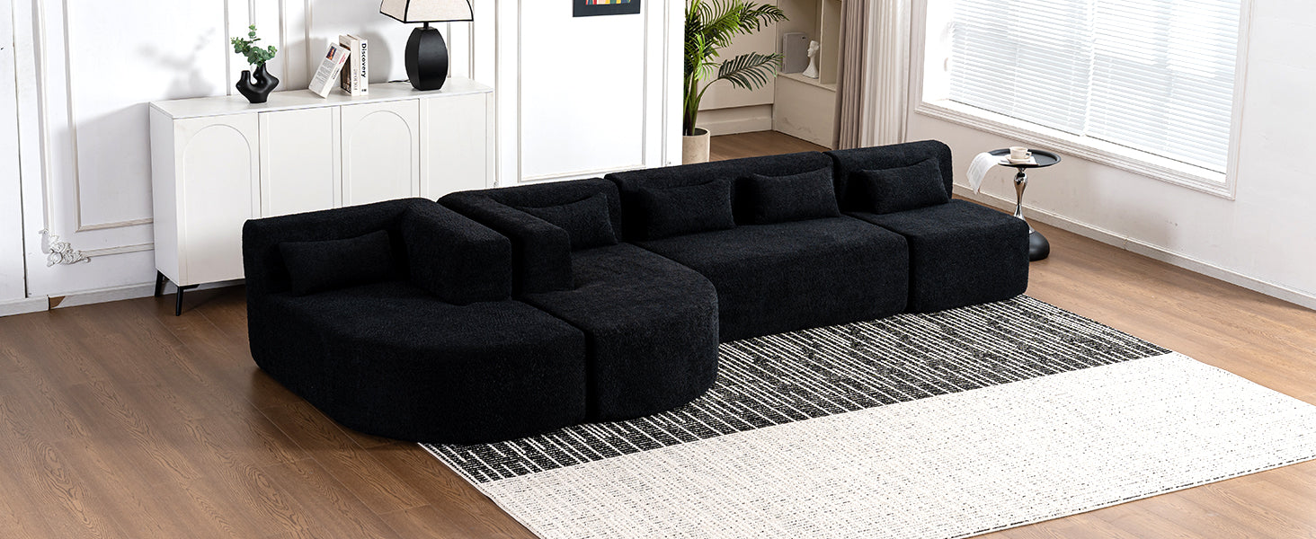 143.7" Upholstered Sofa Free Combined Sofa Couch With Two Chaise Lounge And Five Back Pillows For Living Room, Black Black Foam Polyester 5 Seat