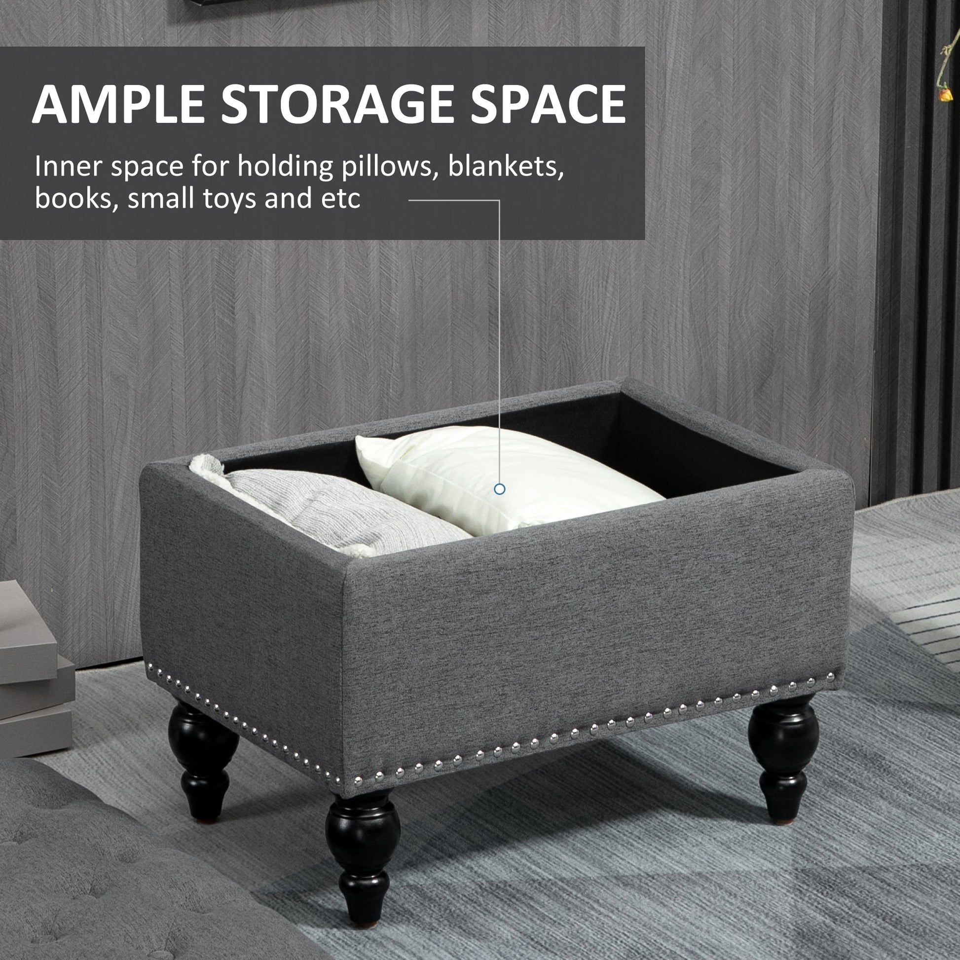 Homcom Ottoman With Storage For Living Room, 25" Storage Ottoman With Removable Lid, Button Tufted Fabric Bench For Footrest And Seat With Wood Legs, Gray Gray Linen
