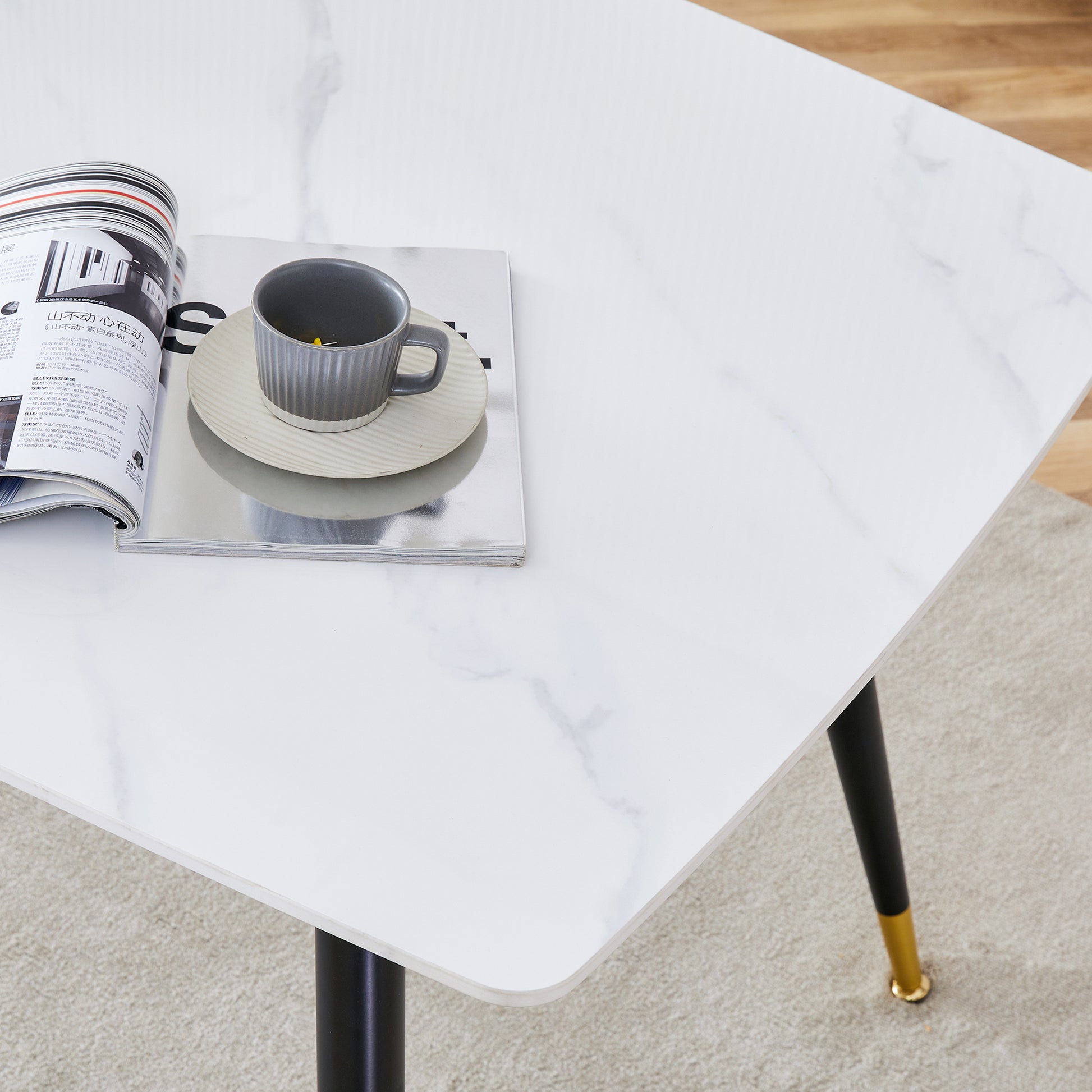 Table And Chair Set,White Imitation Marble Texture Rock Board Table Top, Black Metal Table Legs, Stable And Beautiful. Modern Simple Dining Table, Comfortable Seating. Brown White Seats 4 Metal