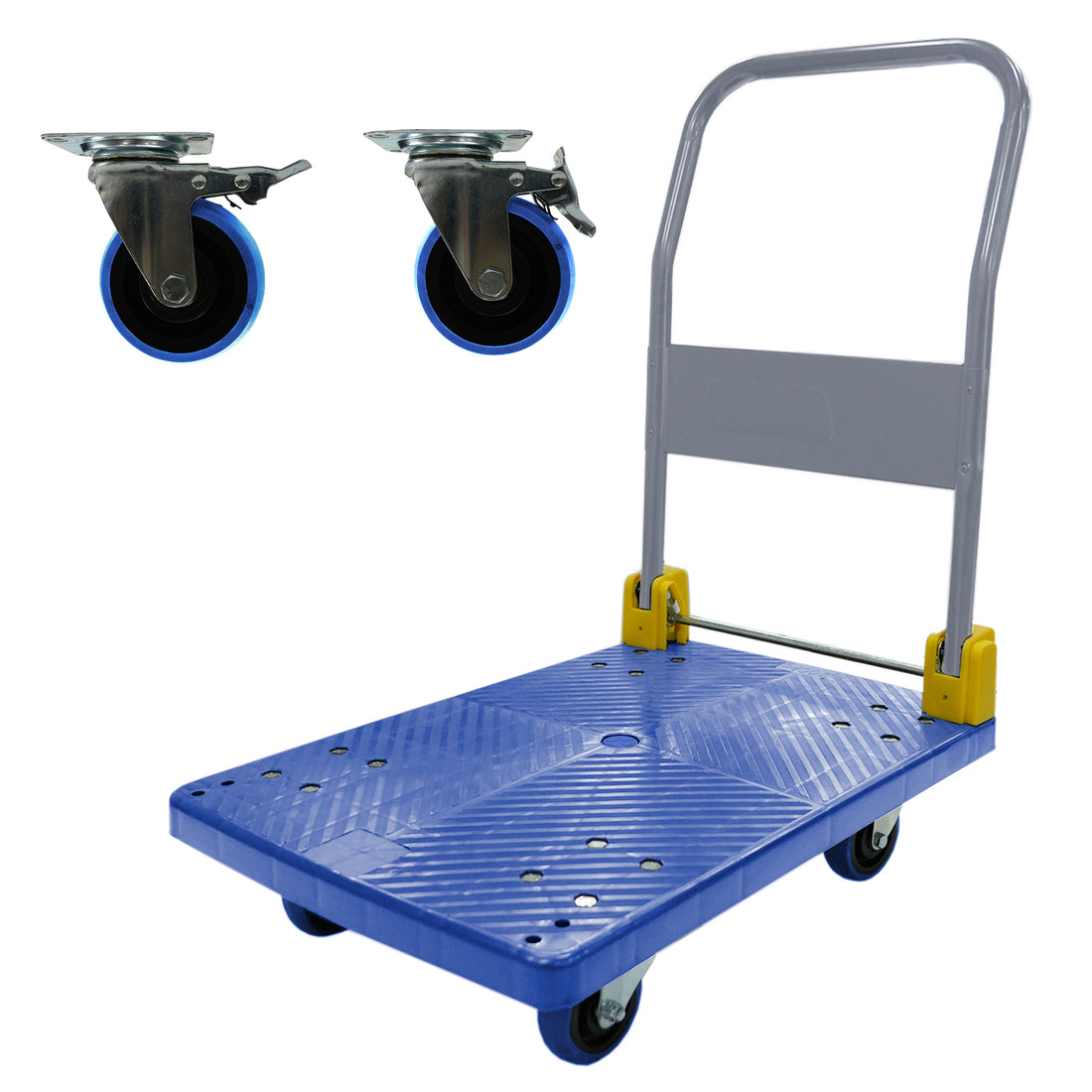 Foldable Platform Push Hand Truck Cart, 440 Lbs. Weight Capacity, 2 Swivel Brake Wheels Blue Metal