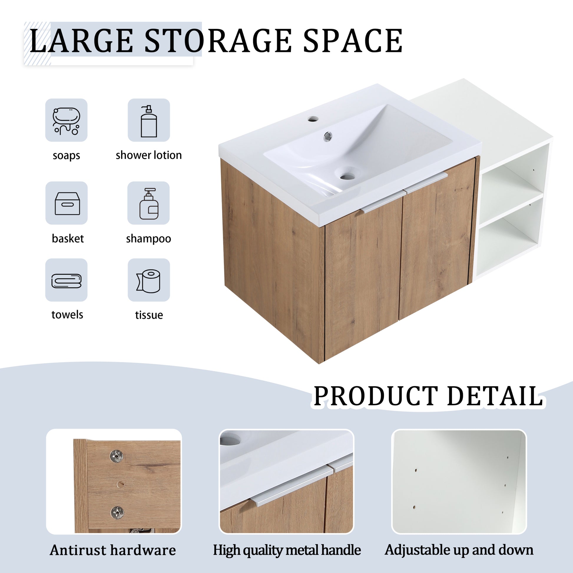 36 Inch Soft Close Doors Bathroom Vanity With Sink, A Small Storage Shelves, 24" And 12" Combination Cabinet, Kd Packing Imitative Oak 2 1 Bathroom Wall Mounted Modern Plywood