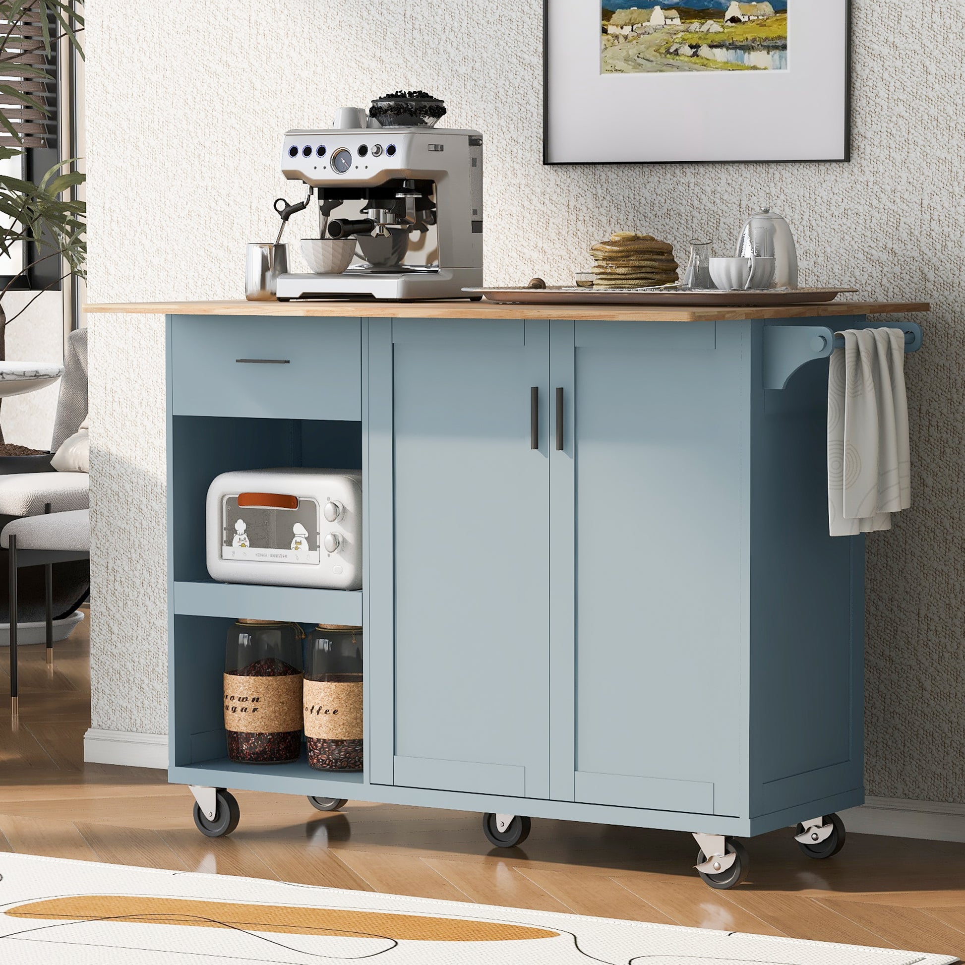 K&K Kitchen Island With Foldable Counter Top, Kitchen Storage Cart With Slide Out Shelf, Towel Rack And Drawer, Rolling Kitchen Cart On Wheels, For Kitchen, Living Room, Dining Room, Grey Blue Grey Blue Brown Kitchen Classic,Farmhouse,Luxury,Modern