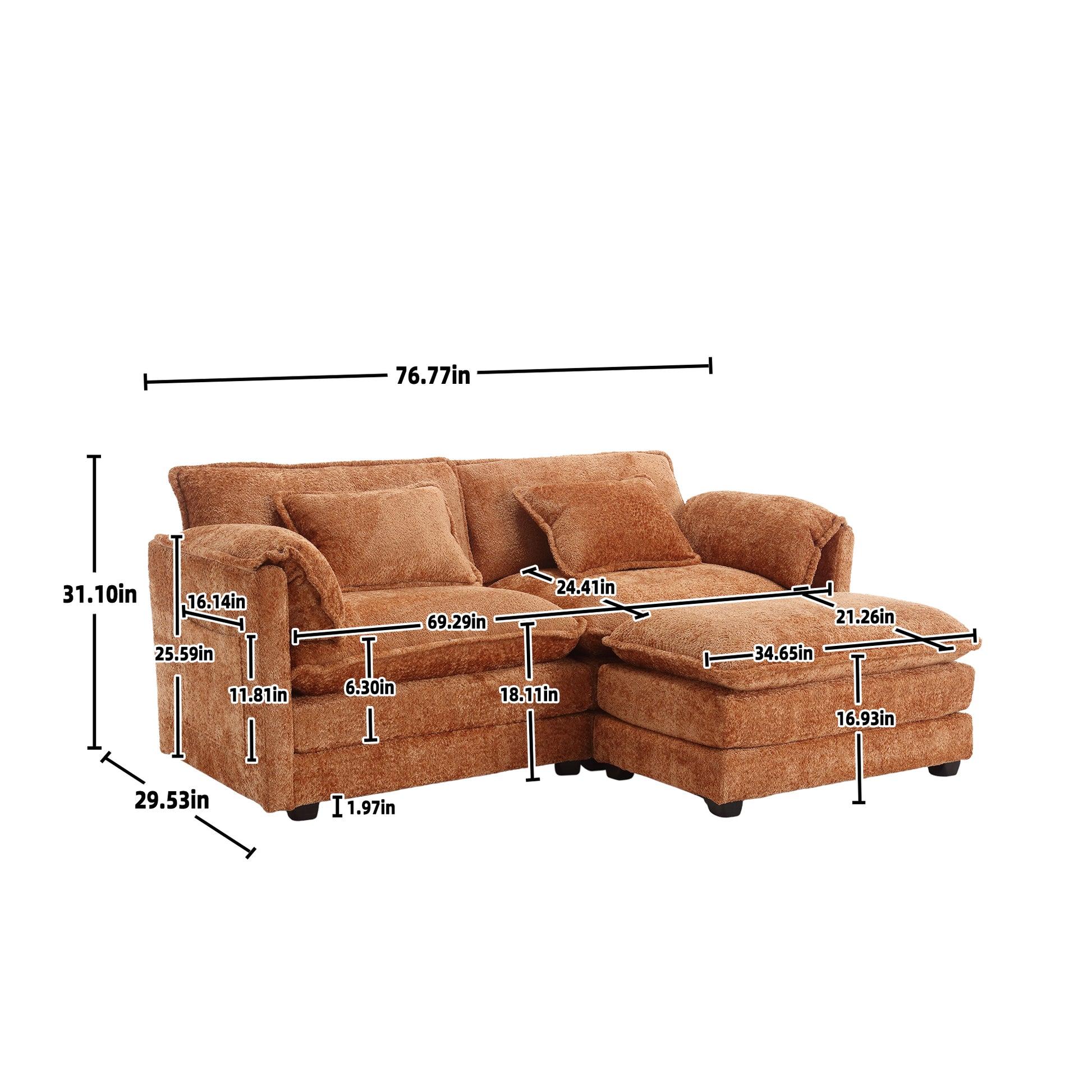 United We Win Chenille Fabric, Removable Armrests With Side Pockets, High Density Sponge Filling, Oversized Double Sofa With Footstool Orange Chenille 2 Seat