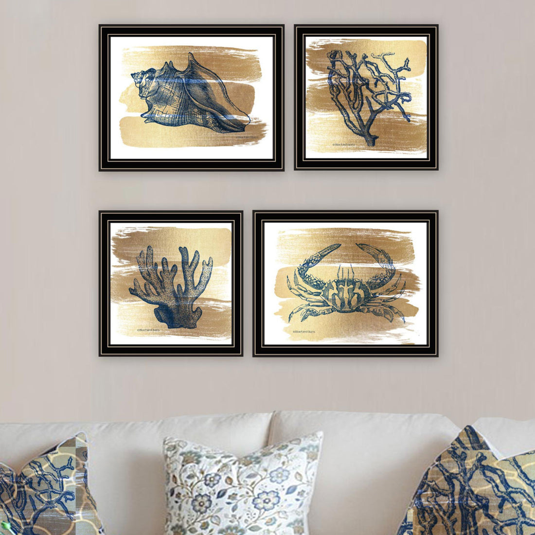 4 Pc Vignette Gold Sea Collection Black Framed Wall Art For Living Room, Bedroom Wall Art Print For Home Decor By Bluebird Barn Multi Wood Paper