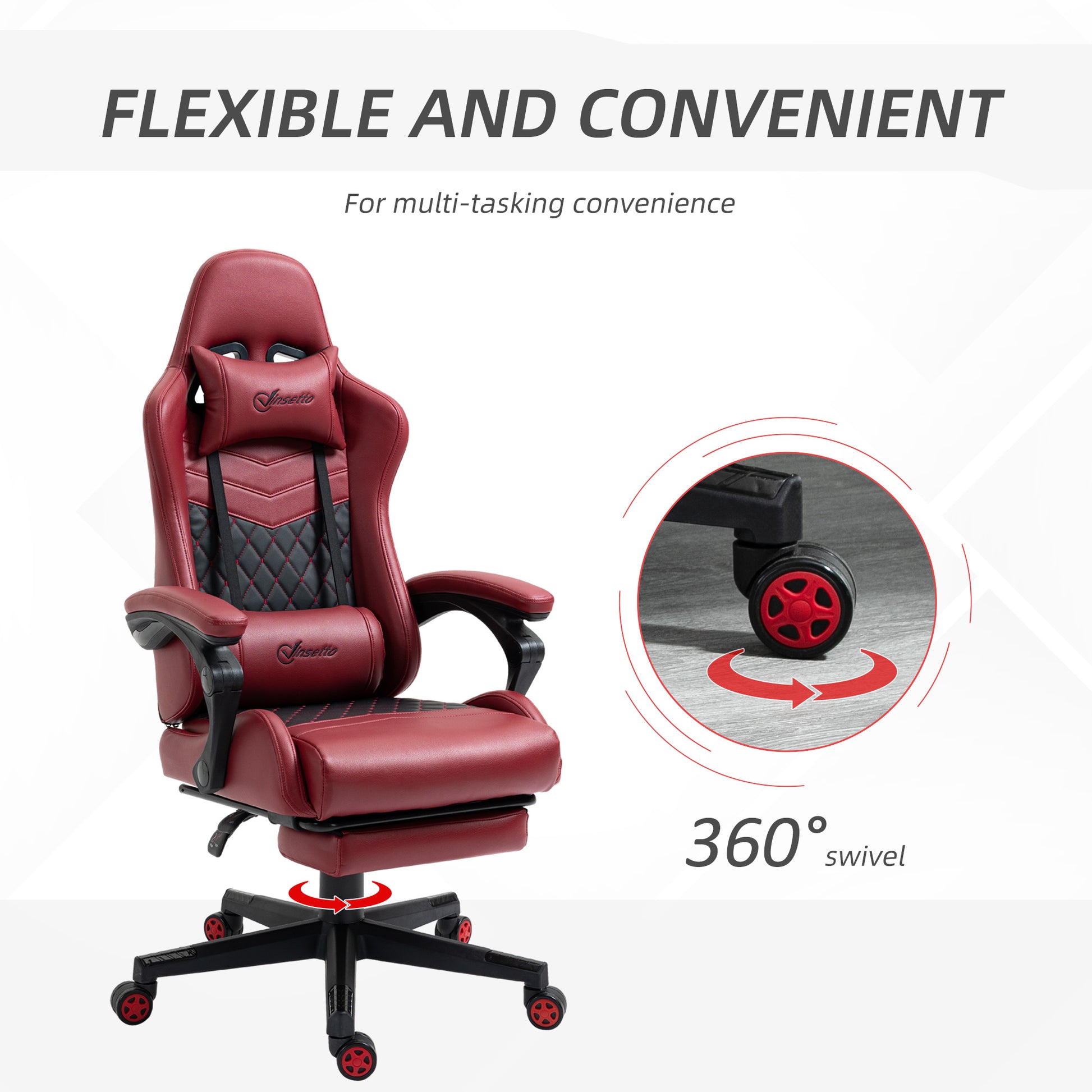 Vinsetto Racing Gaming Chair Diamond Pu Leather Office Gamer Chair High Back Swivel Recliner With Footrest, Lumbar Support, Adjustable Height, Red Red Pu