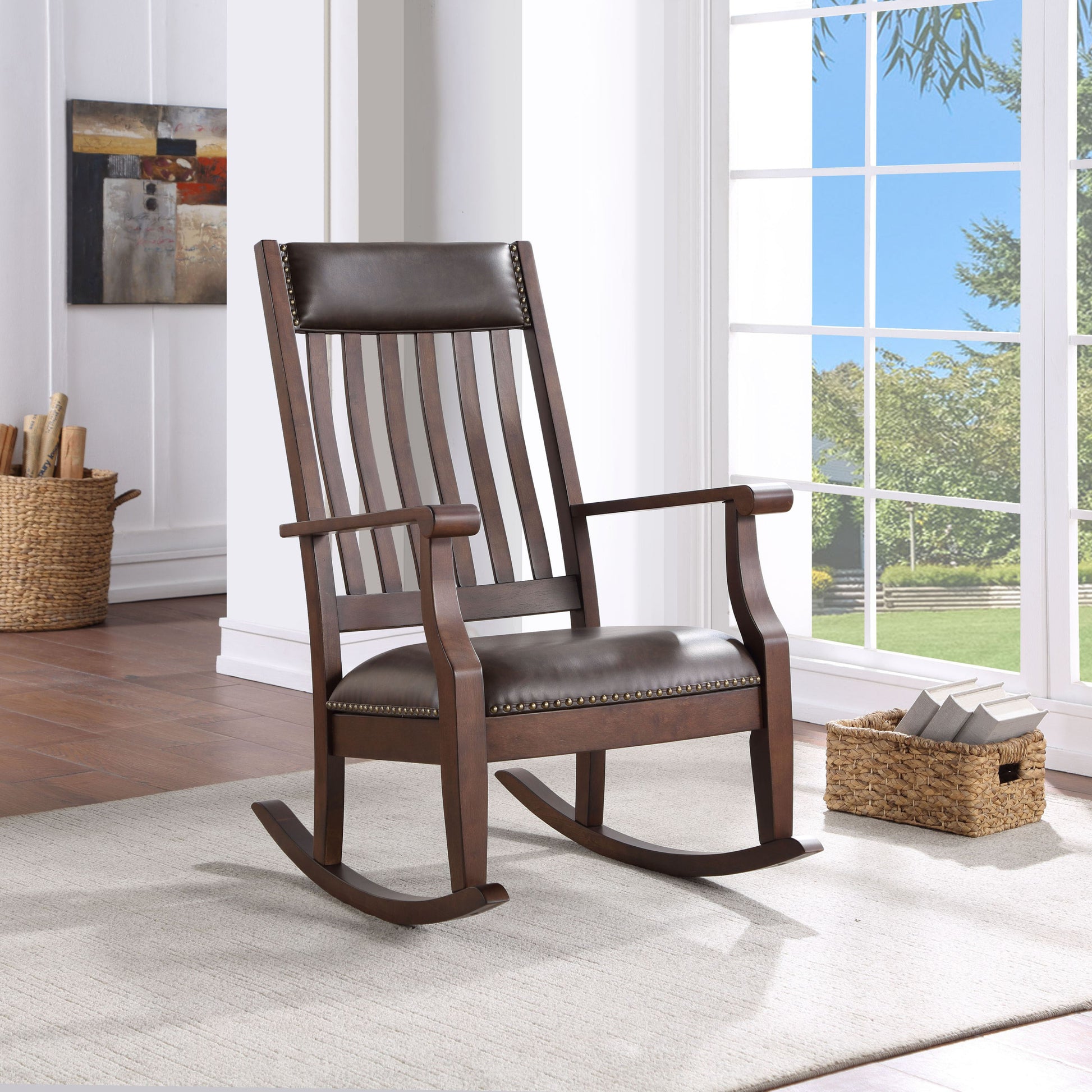 Brown And Walnut Rocking Chair With Trim Solid Walnut Brown Primary Living Space Foam Rustic Rocking Chairs Rubberwood Slat Back Wood Fabric