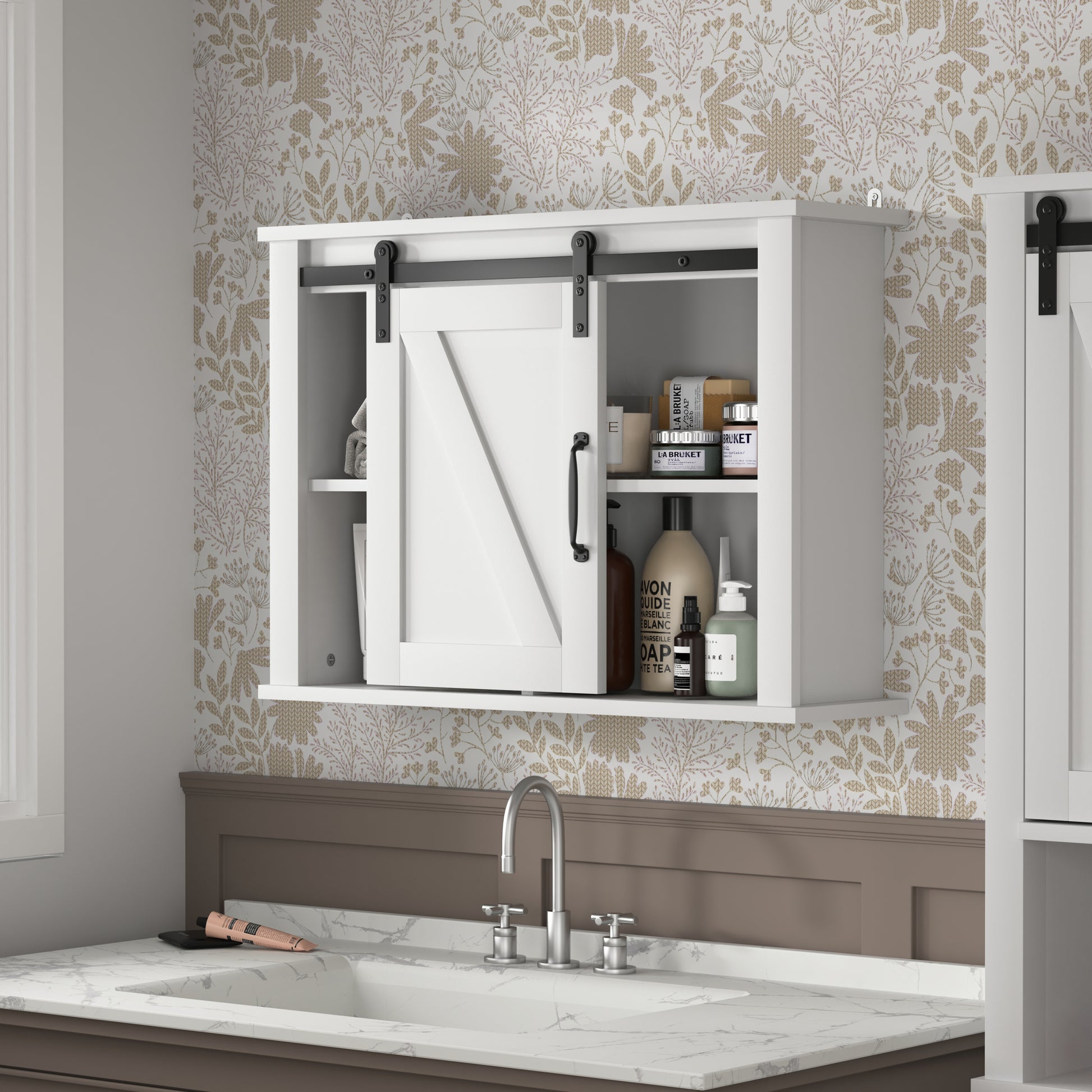 Bathroom Wall Cabinet With 2 Adjustable Shelves Wooden Storage Cabinet With A Barn Door 27.16X7.8X19.68 Inch White Mdf