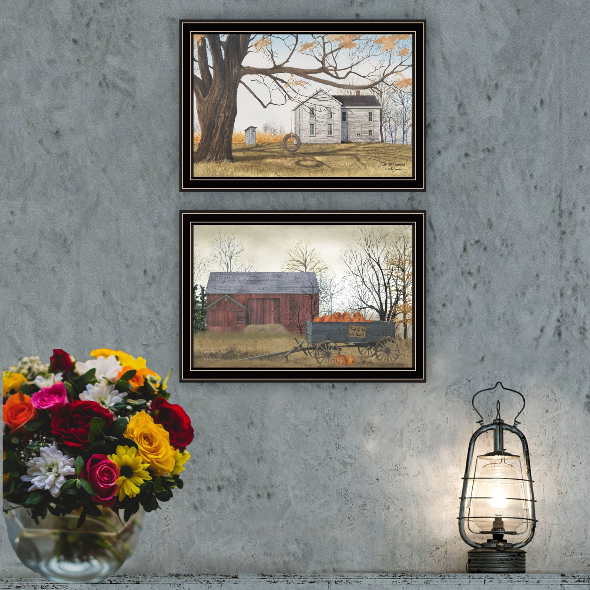 2 Piece Vignette Farmhouse, Barn & Pumpkin Wagon Black Framed Wall Art For Living Room, Bedroom Wall Art Print For Home Decor By Billy Jacobs Multicolor Wood Paper