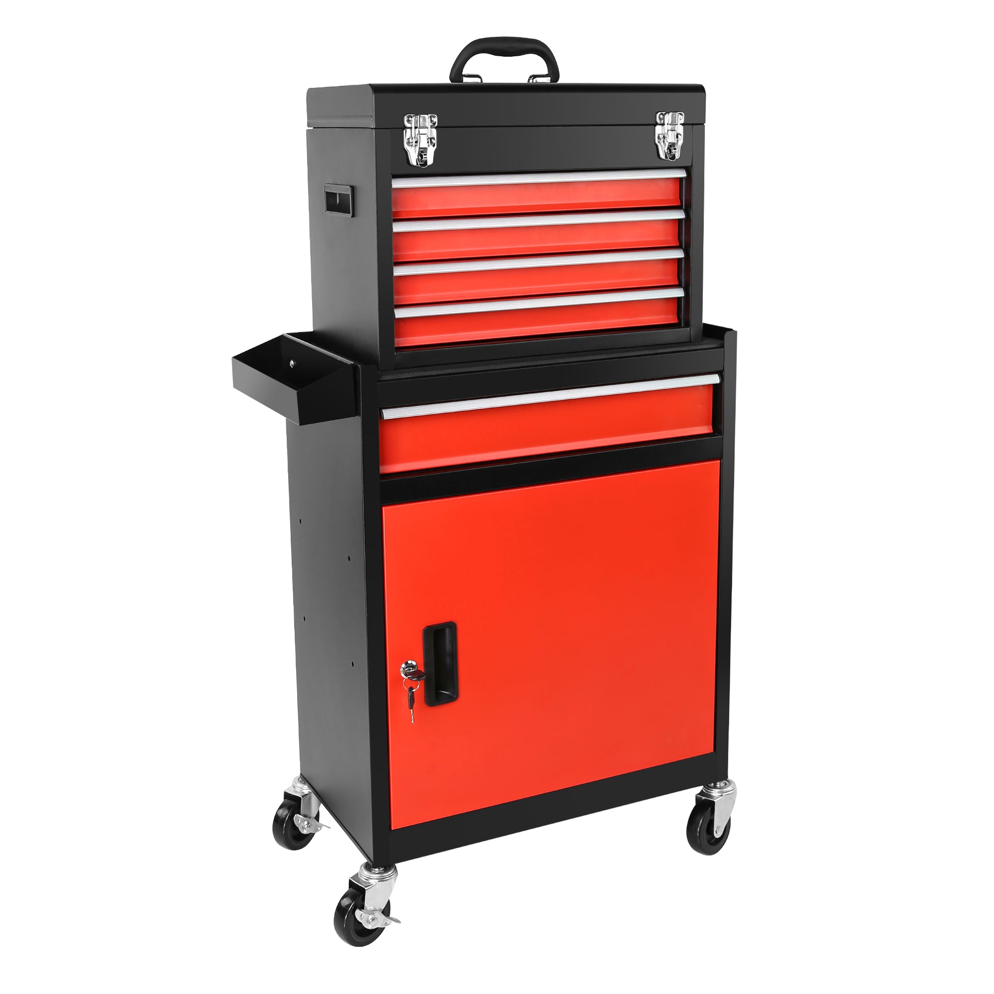 Tool Chest, 5 Drawer Rolling Tool Storage Cabinet With Detachable Top Tool Box, Liner, Universal Lockable Wheels, Locking Mechanism, Metal Tool Cart For Garage Workshop Black Red Steel