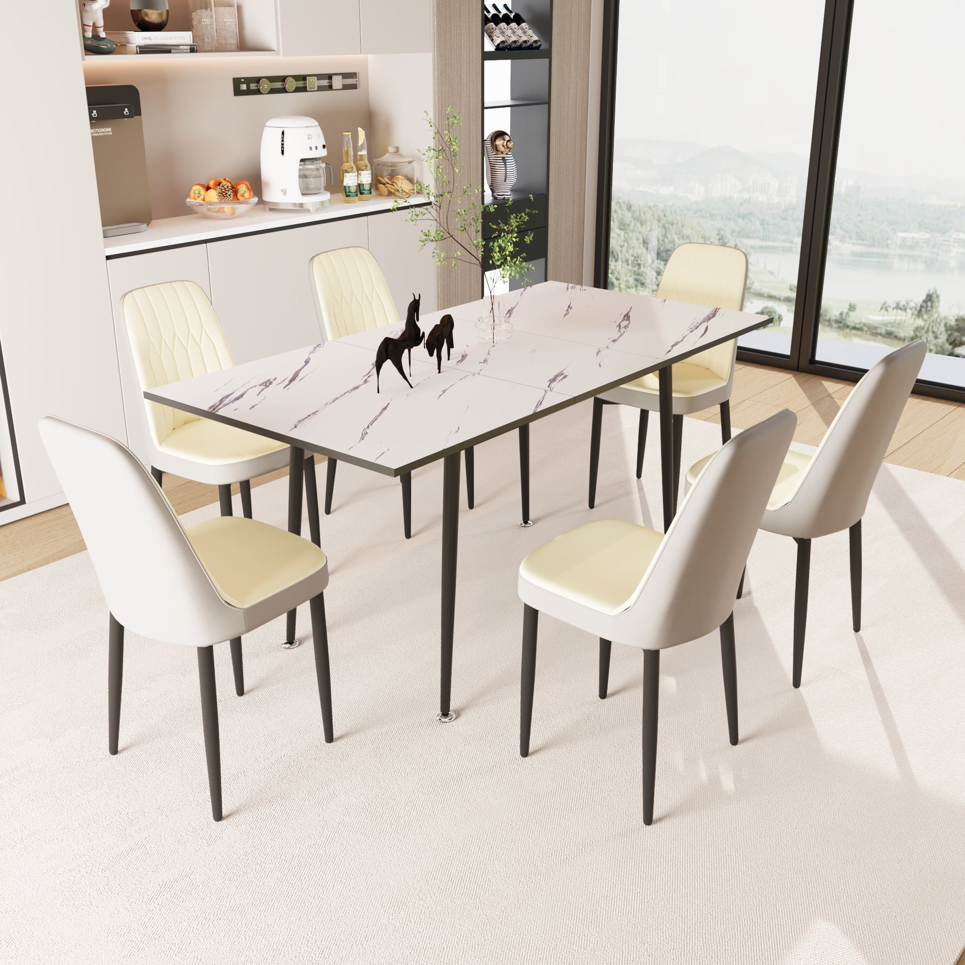 47" 63" Expandable Dining Table Set For 2 6 People, Equipped With Pu Fabric Thick Cushioned Dining Chair And An Elegant And Spacious Dining Tablekitchen Table And Chair Set, With Black Metal Legs