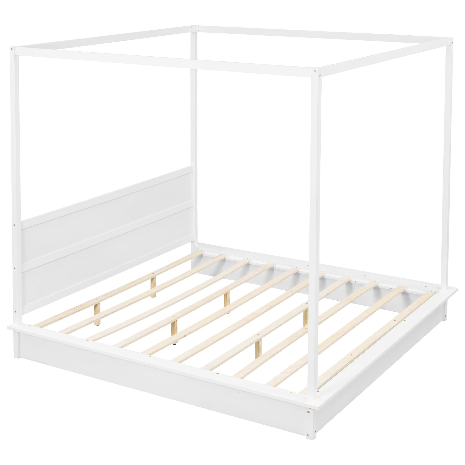 King Size Wood Led Canopy Bed ,Canopy Platform Bed With Support Slats, No Box Spring Needed, Whitekig King White Plywood