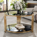 Modern Black Mirror Coffee Table, Asymmetrical Metal, Circular Metal Drum Base, Gold Finish & Lower Shelf Black Tempered Glass