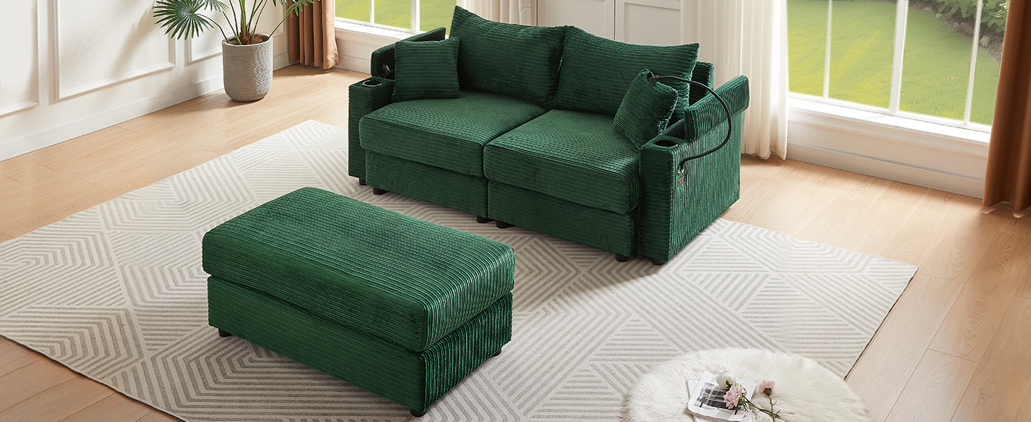 72.8" Modern Style Loveseat Sofa Sectional Sofa Couch With Storage Space, A Movable Ottoman, Two Usb Ports, Two Cup Holders, A Phone Holder For Living Room, Green Green Foam Corduroy 3 Seat