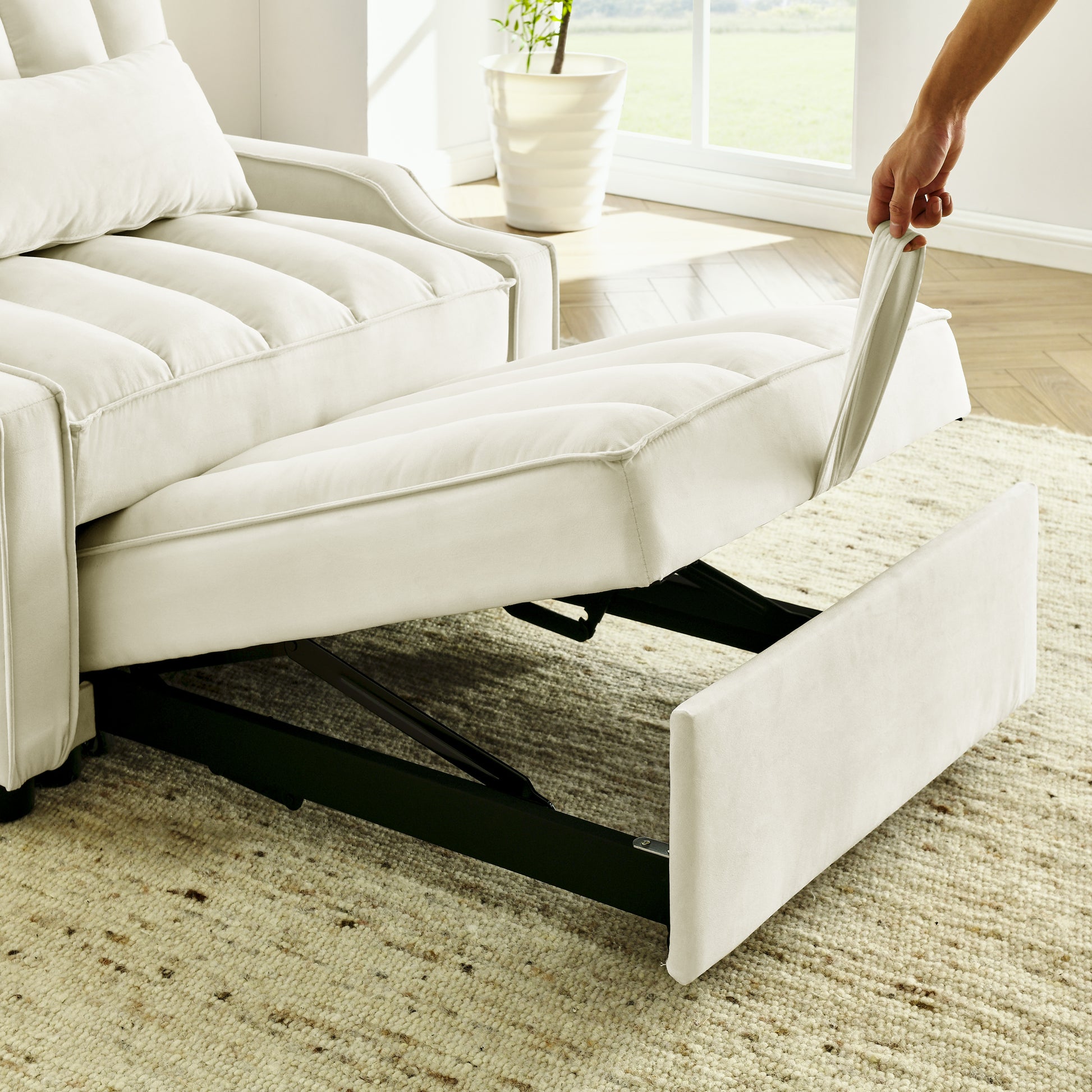 Modern Velvet Armchair Sofa Couch Pull Out Bed,3 In One Convertible For Living Room Sofa Bed,Beige Beige Velvet Cushion Back Medium Soft Medium Duty American Design Pillow Top Arms Foam Velvet 1 Seat