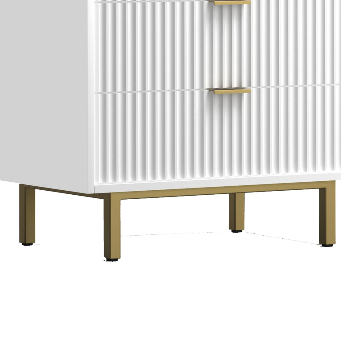 Beth 48 Inch 5 Drawer Tall Dresser Chest, White Mahogany Wood, Gold White Gold Wood