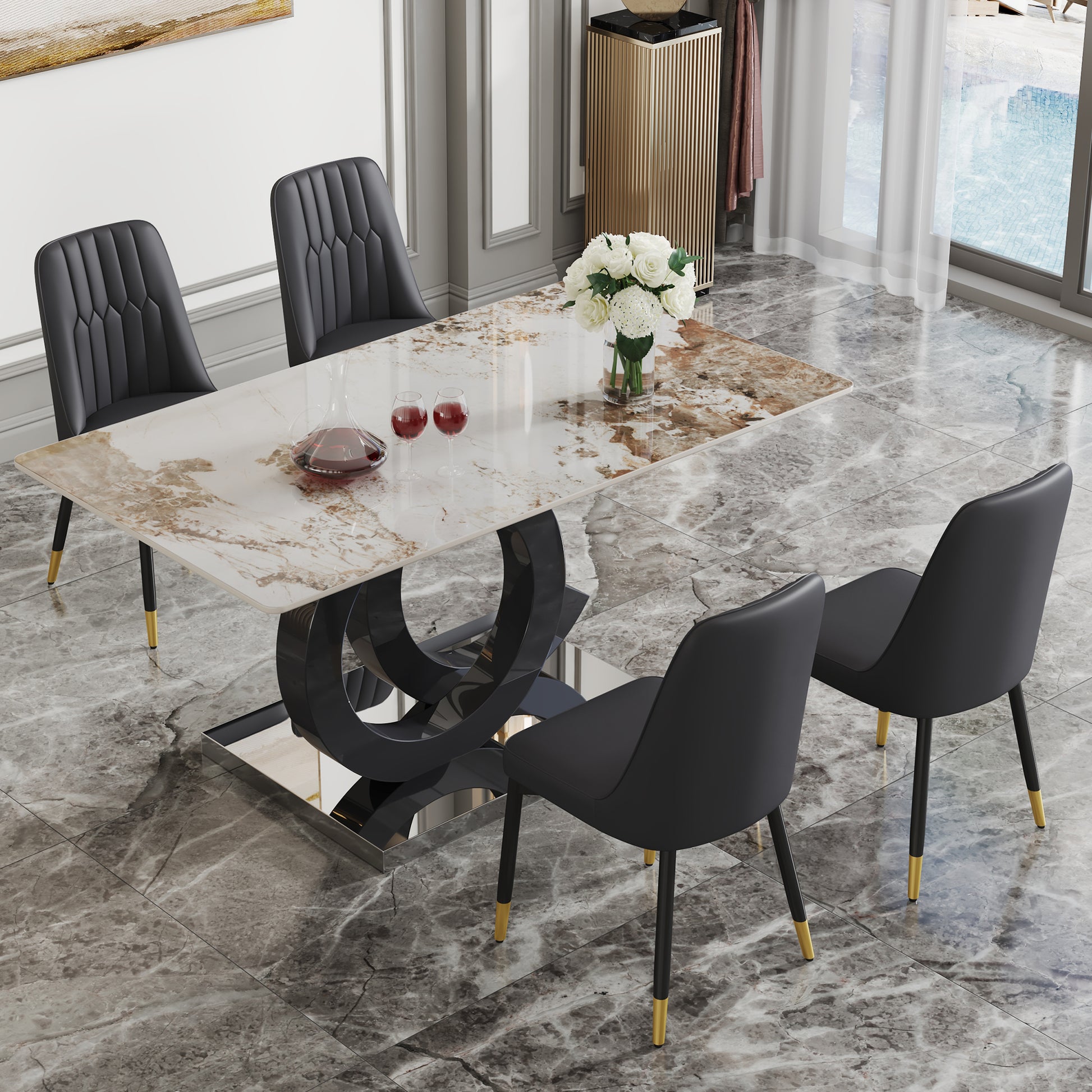 Table And Chair Set.63"X31.5" Marble Pattern Sintered Stone Table With Mdf Oc Shaped Bracket.Paired With 4 Black Chairs With Pu Cushions And Black Metal Legs.Suitable For Kitchen,Dining Room,Etc.