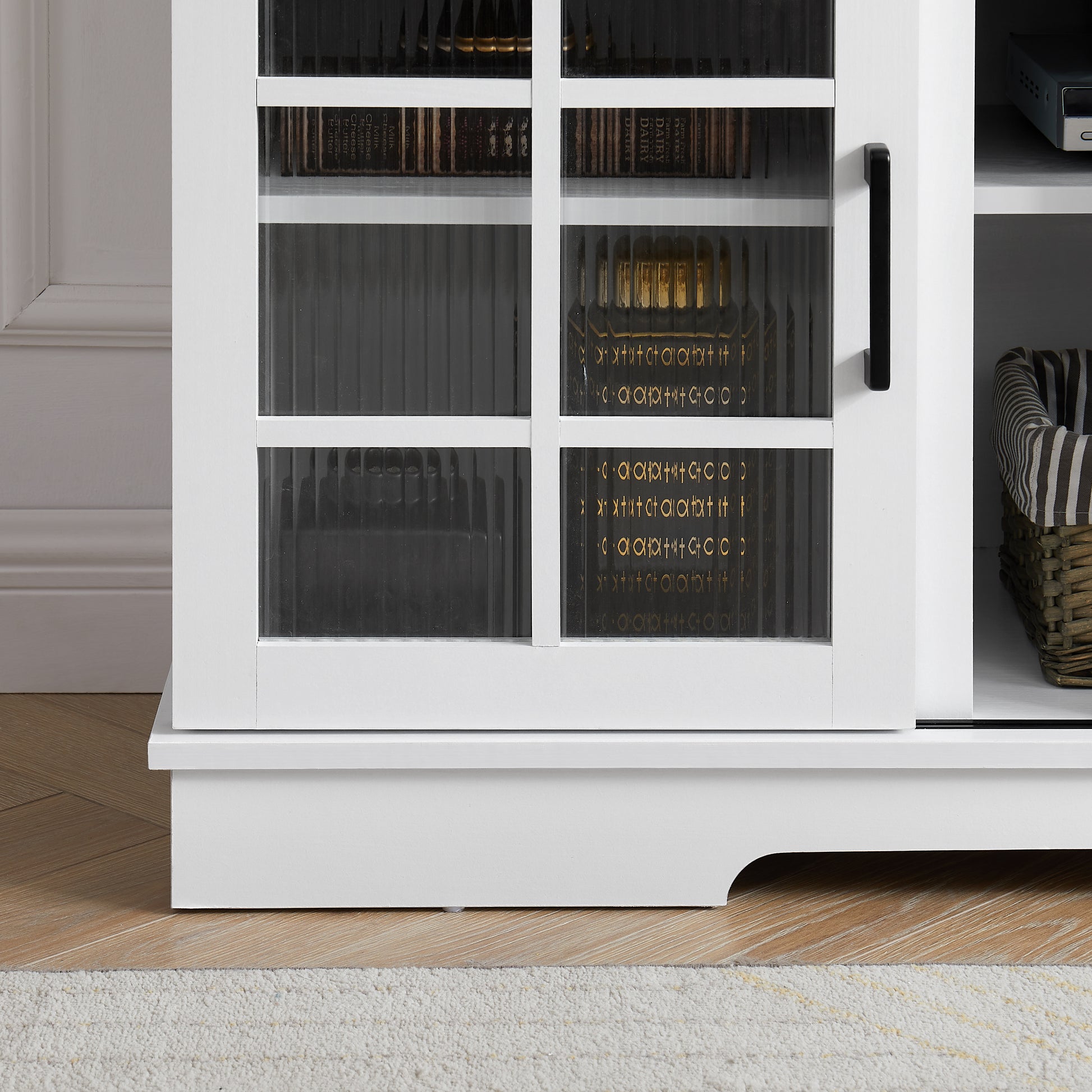 Multipurpose Sliding Door Tv Cabinet Large Storage Cabinet With 2 Sliding Glass Doors, Tv Desk Storage Rack, Adjustable Shelves For Tvs Up To 65", White Brown, 59.13"W*15.94"D*27.8"H White 60 69 Inches Mdf