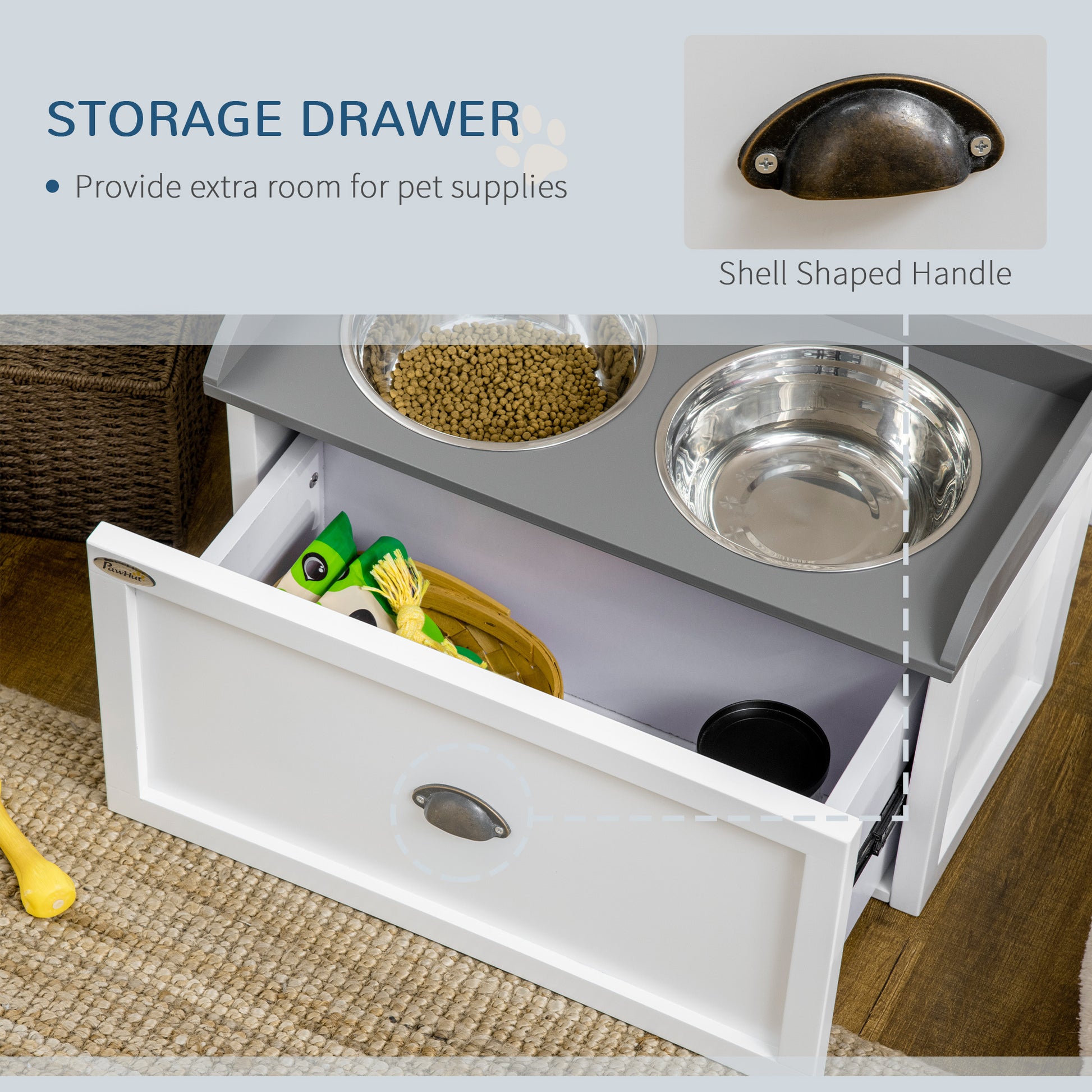 Pawhut Dog Feeding Station With Storage Drawer, Dog Food Storage Cabinet With 2 Removable Elevated Dog Bowls For Large Sized Dogs, White White Mdf