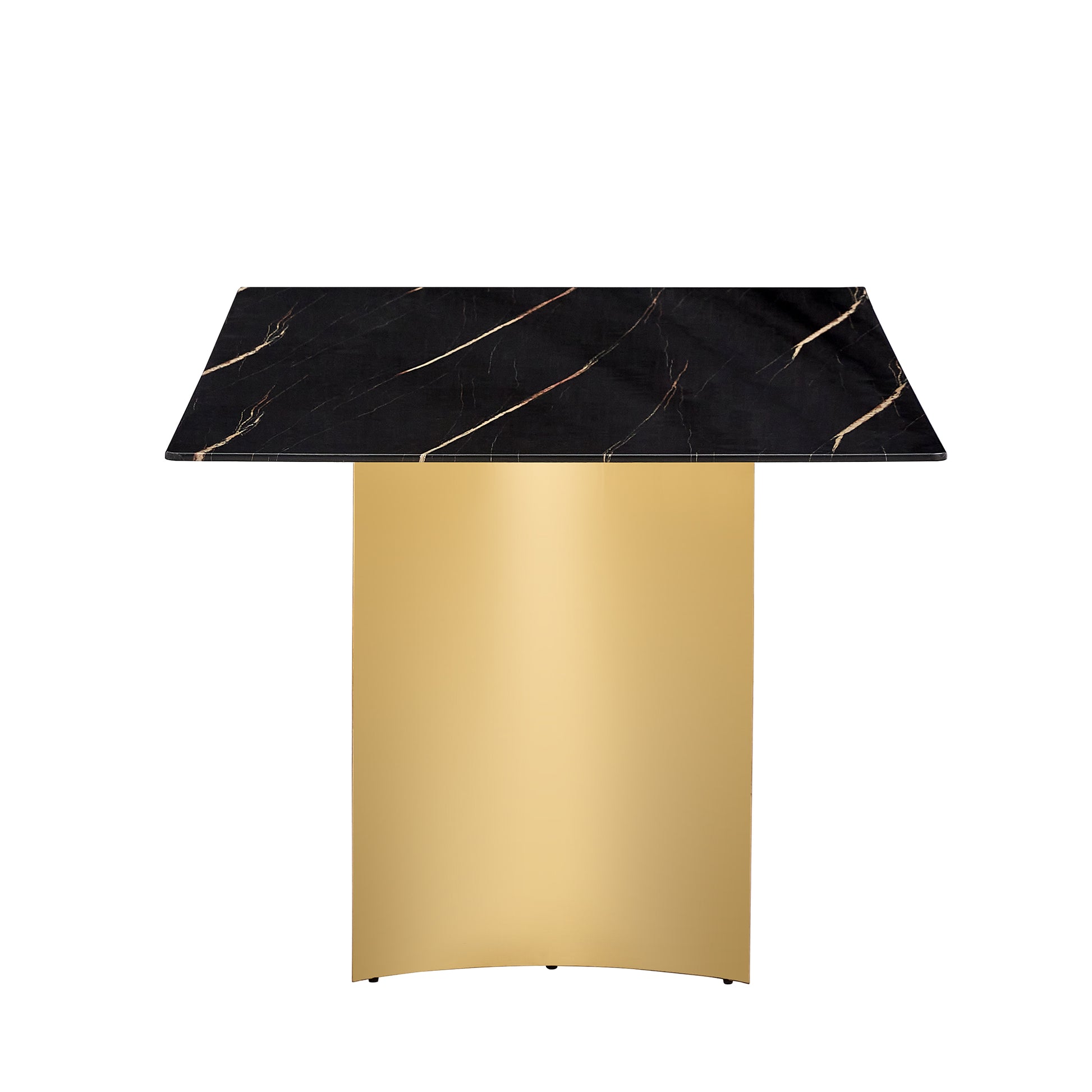 Table And Chair Set.The Table Has A Glass Top With Imitation Marble Pattern Stickers And Stainless Steel Golden Legs. Paried With Chairs With Pu Artificial Leather Backrest Cushions And Black Legs. Black Gold Seats 8 Glass Metal