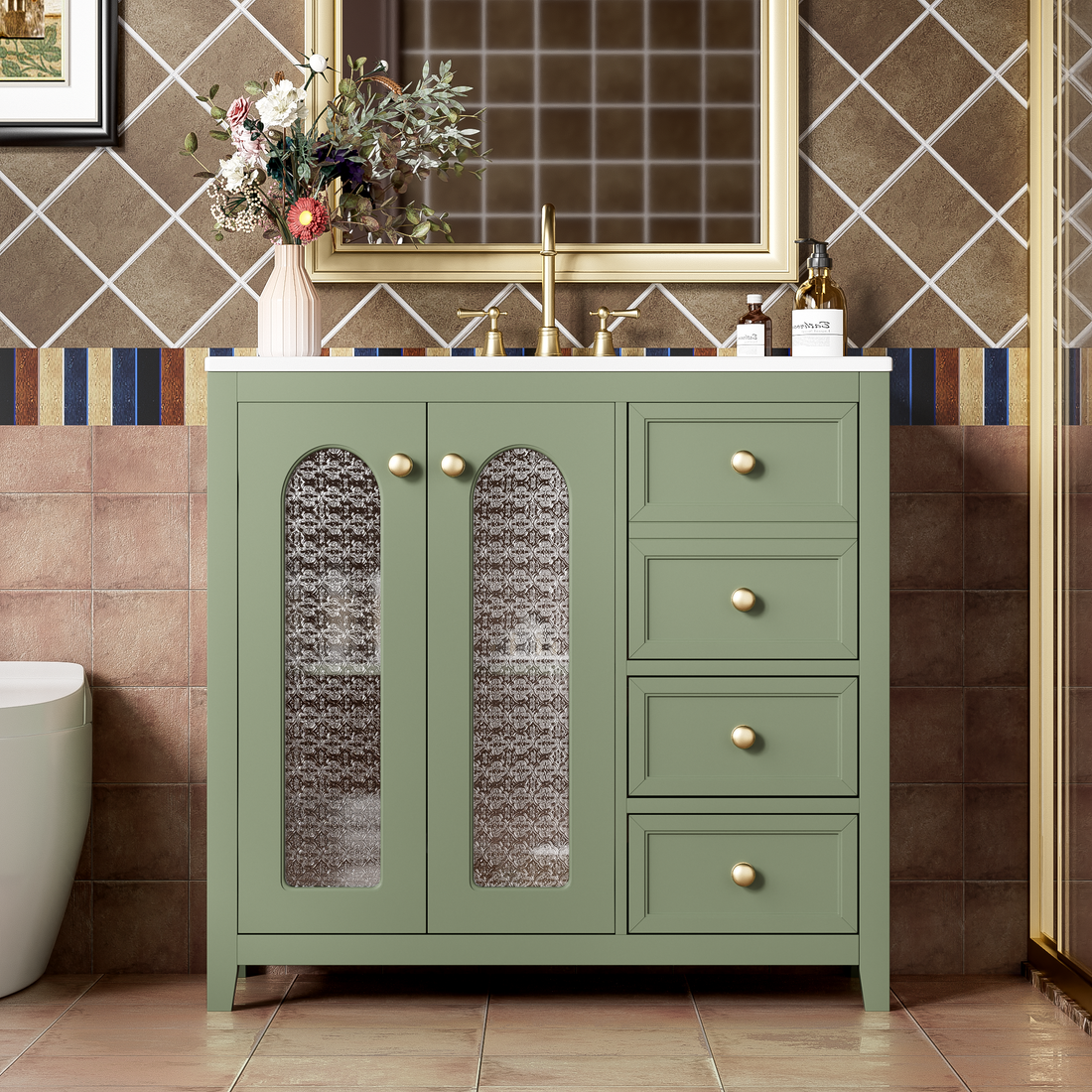36 Inch Bathroom Vanity With Two Soft Close Doors, Adjustable Shelves And Three Soft Close Drawers Green Bathroom Solid Wood Mdf
