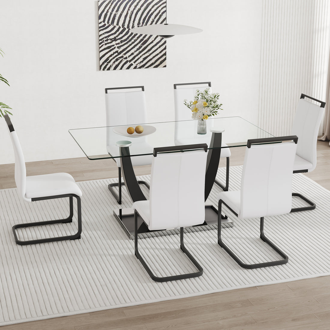 Table And Chair Set.Large Rectangular Glass Dining Table, 0.39 "Tempered Glass Countertop And Black Metal Shaped Bracket.Comes With Chairs With Faux Leather Cushions.Suitable For Kitchen, Dining Room. White Black Seats 6 Glass Metal