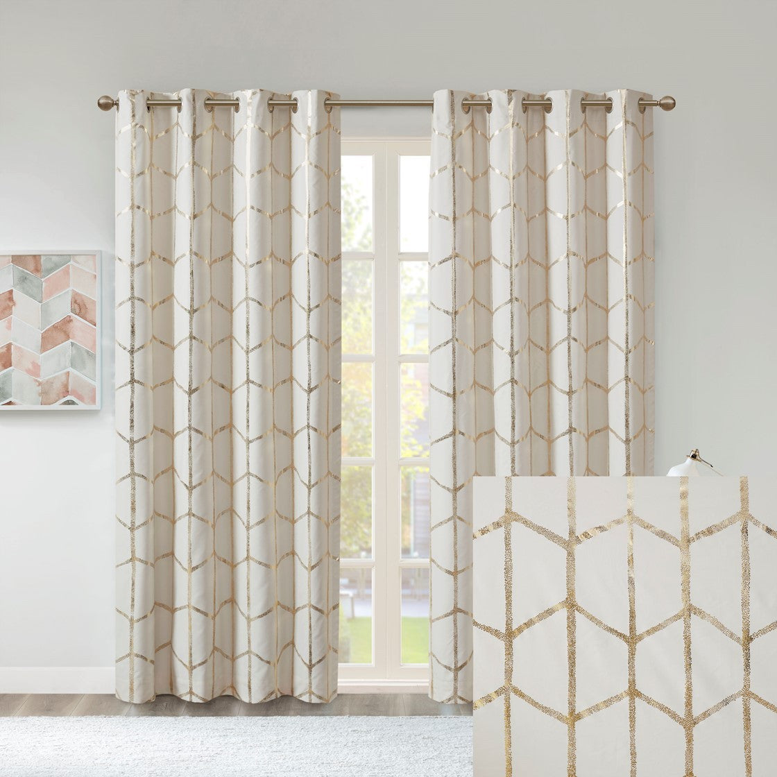 Total Blackout Metallic Print Grommet Top Curtain Panel Only 1 Pc Panel Ivory Gold Microfiber