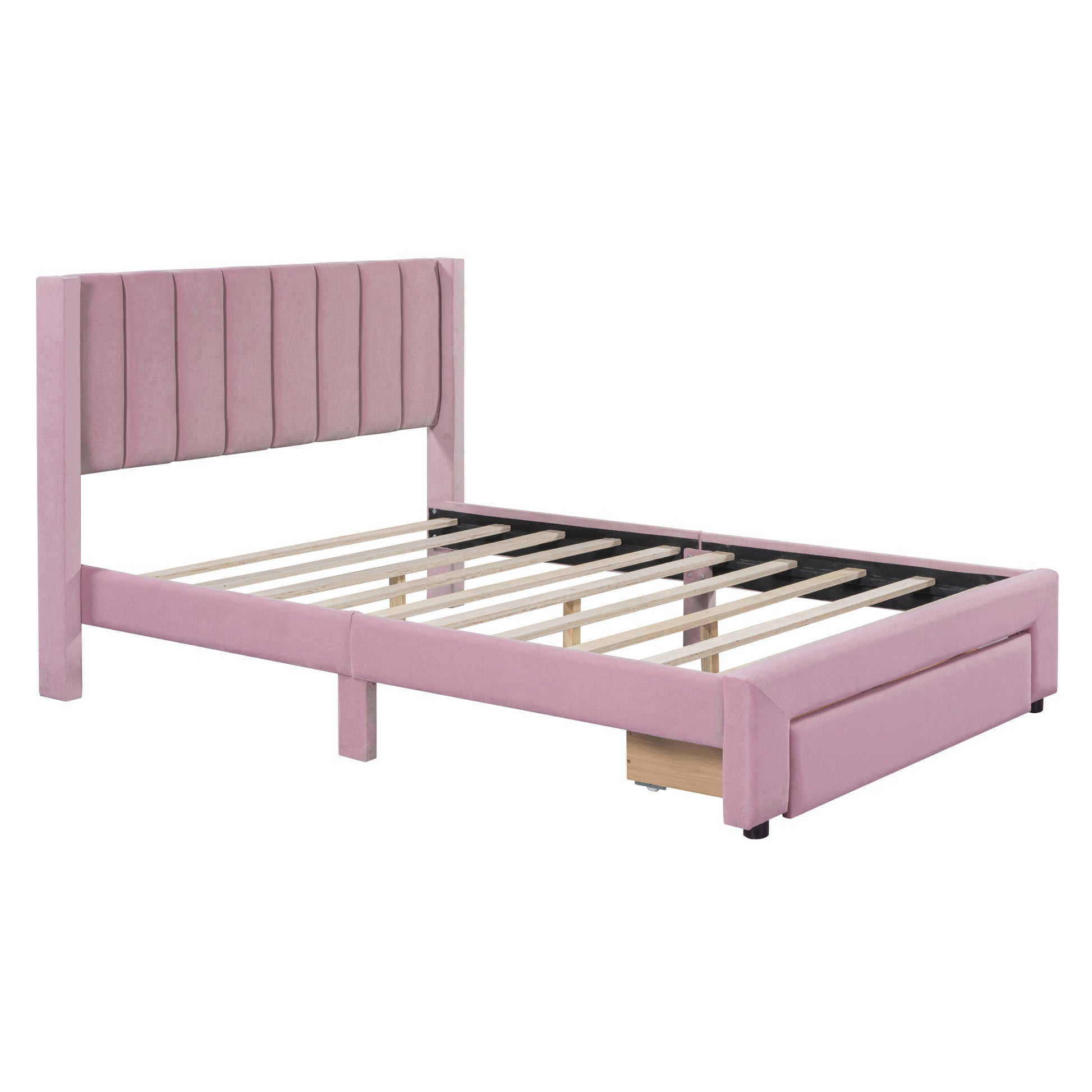 Full Size Storage Bed Velvet Upholstered Platform Bed With A Big Drawer Pink Old Sku:Wf296850Aah Full Pink Velvet