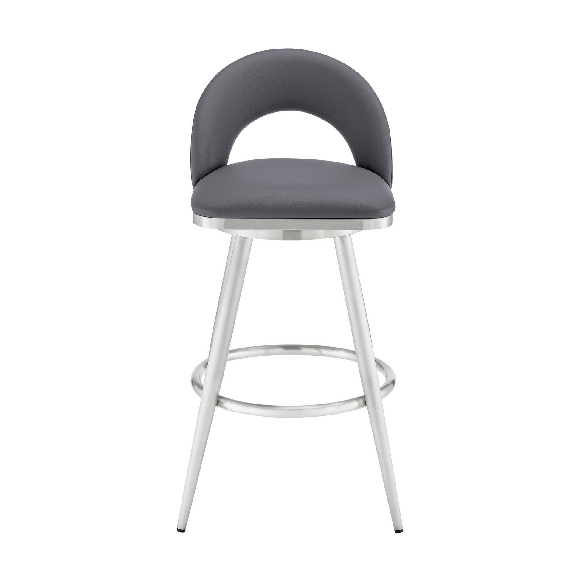 Teco 26 Inch Swivel Counter Stool, Chrome, Curved Back, Gray Faux Leather Gray Steel