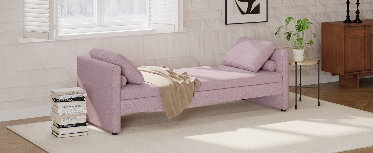 Modern Upholstered Chaise Lounger Daybed With Pillows Small Single Daybed, No Mattress Needed, Perfect For Living Rooms & Home Office,Linen Fabric, Pink Pink Linen