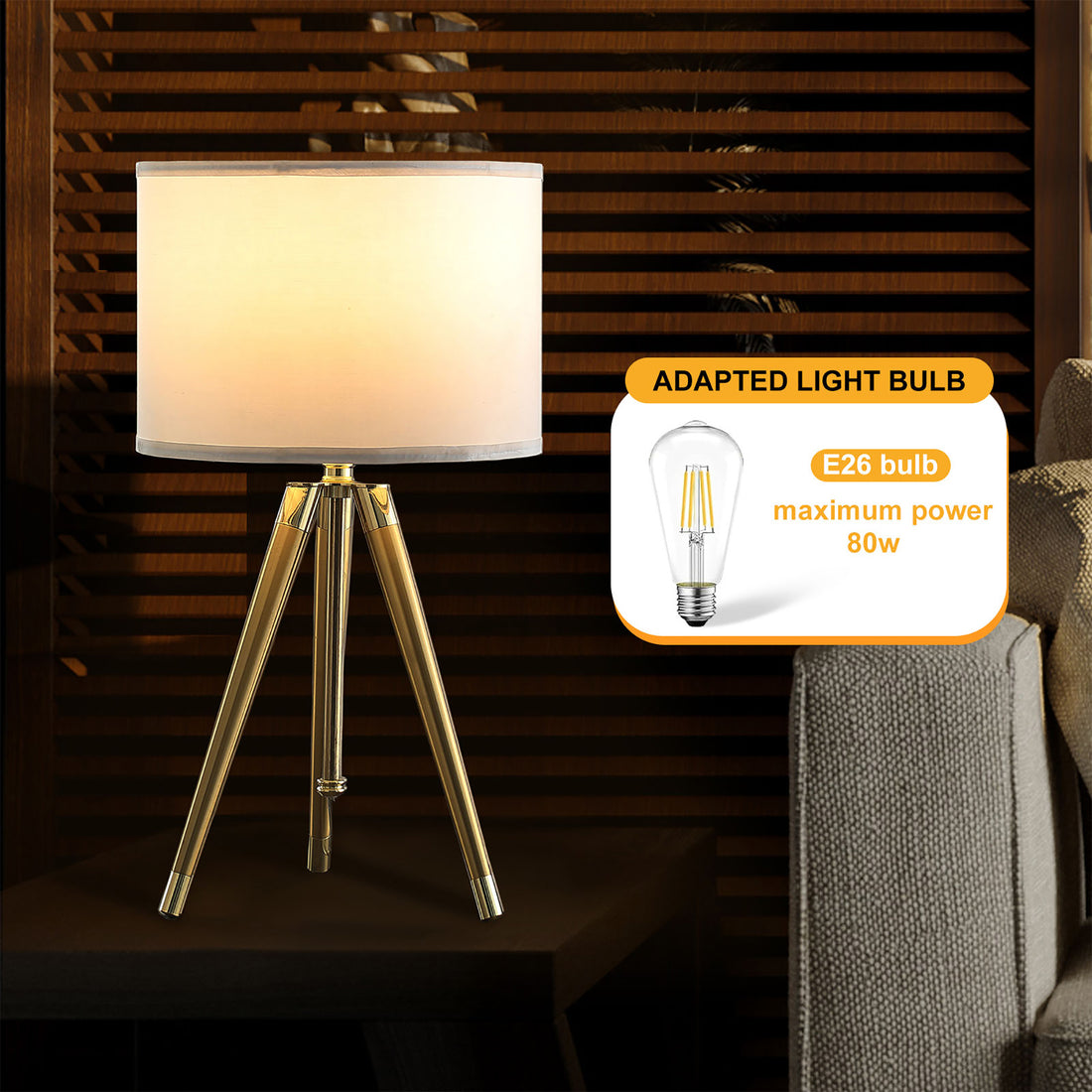 35.5" 25.75"H Adjustable Hieght Brass Shiny Gold Modern Tripod Table Lamp For Living Room, Nightstand Bedside Table Lamp For Bedroom, Led Lamp Gold White Fabric Metal