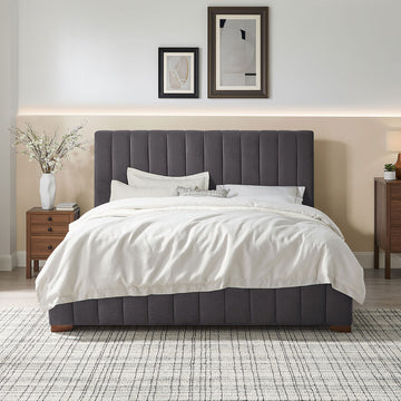 King Size Modern Design Bed Frame Upholstered Queen Bed Frame Platform With Headboard Fabric Headboard Wooden Slats Support, No Box Spring Needed,Mattress Foundation,Dark Grey King Dark Grey Fabric