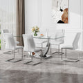 Table And Chair Set.Contemporary, Minimalist Rectangular Dining Table Featuring A Clear Tempered Glass Top And Sleek Silver Legs. Paried With Chairs Made Of Pu Material Cushion And Silver Metal Legs. White Seats 6 Glass Metal