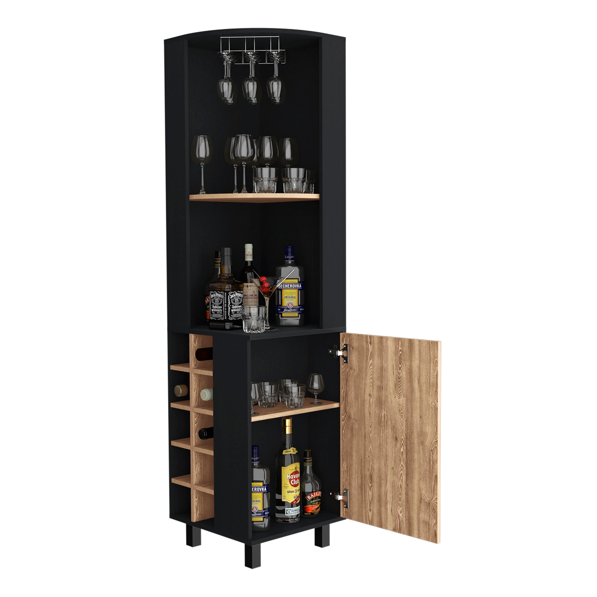 Kaia 70" Tall Corner Bar Cabinet With Four Shelves, Ten Wine Bottle Cubbies And Stemware In Black Pine Multi Primary Living Space Modern Shelves Included Particle Board