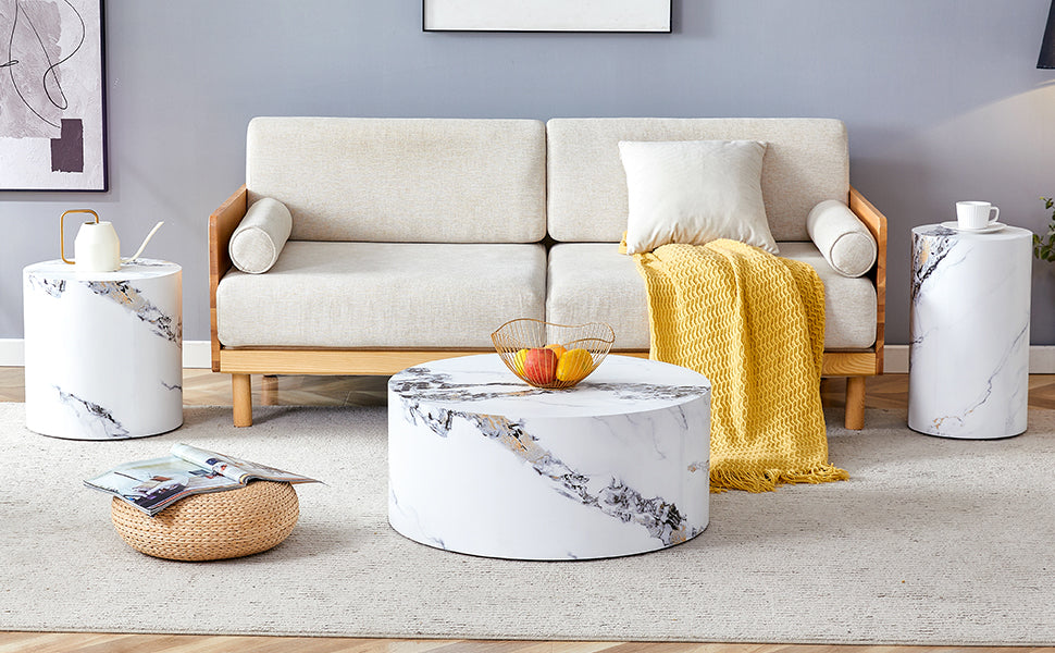 Modern Minimalist Set Of Three Cylinder Marble Patterned Mdf Coffee Tables.The Cylindrical Table With Its Patterned Design Can Be Easily Integrated Into A Variety Of Interior Styles. White Mdf