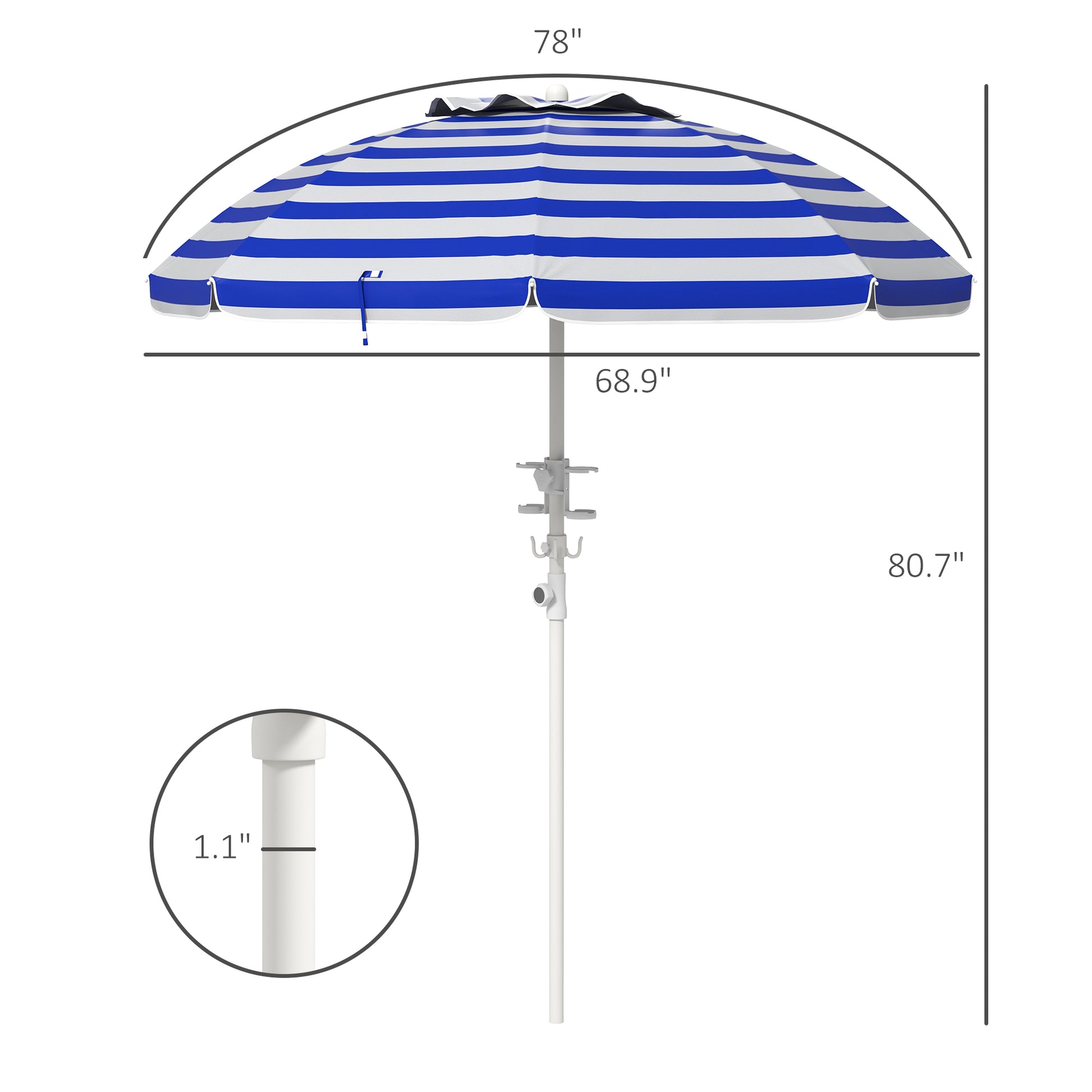 Outsunny 5.7' Portable Beach Umbrella With Tilt, Adjustable Height, 2 Cup Holders & Hooks, Uv 40 Ruffled Outdoor Umbrella With Vented Canopy, Blue White Stripe Colorful Polyester