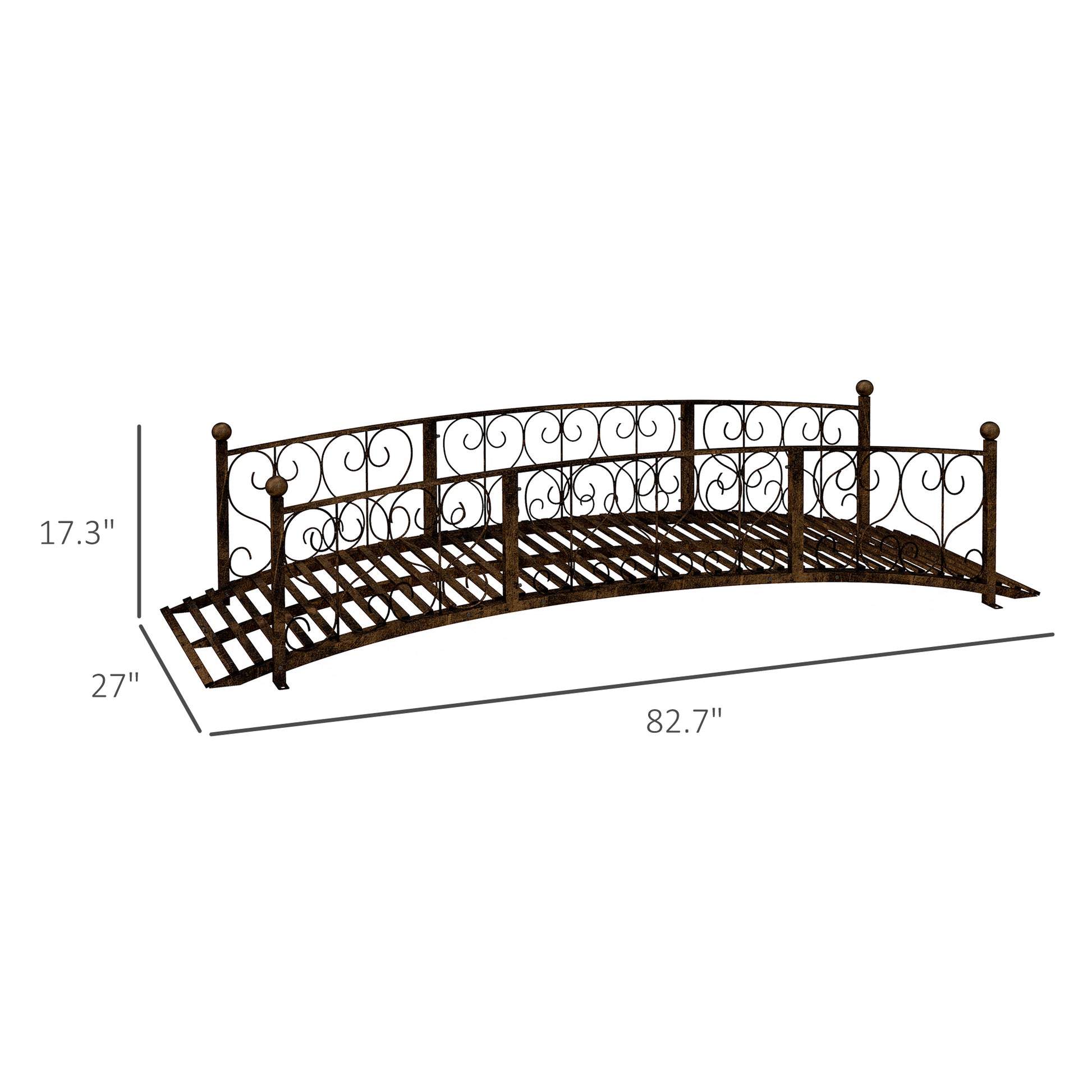 Outsunny 7' Metal Arch Garden Bridge With Safety Siderails, Decorative Arc Footbridge With Delicate Scrollwork "S" Motifs For Backyard Creek, Stream, Fish Pond, Bronze Bronze Steel