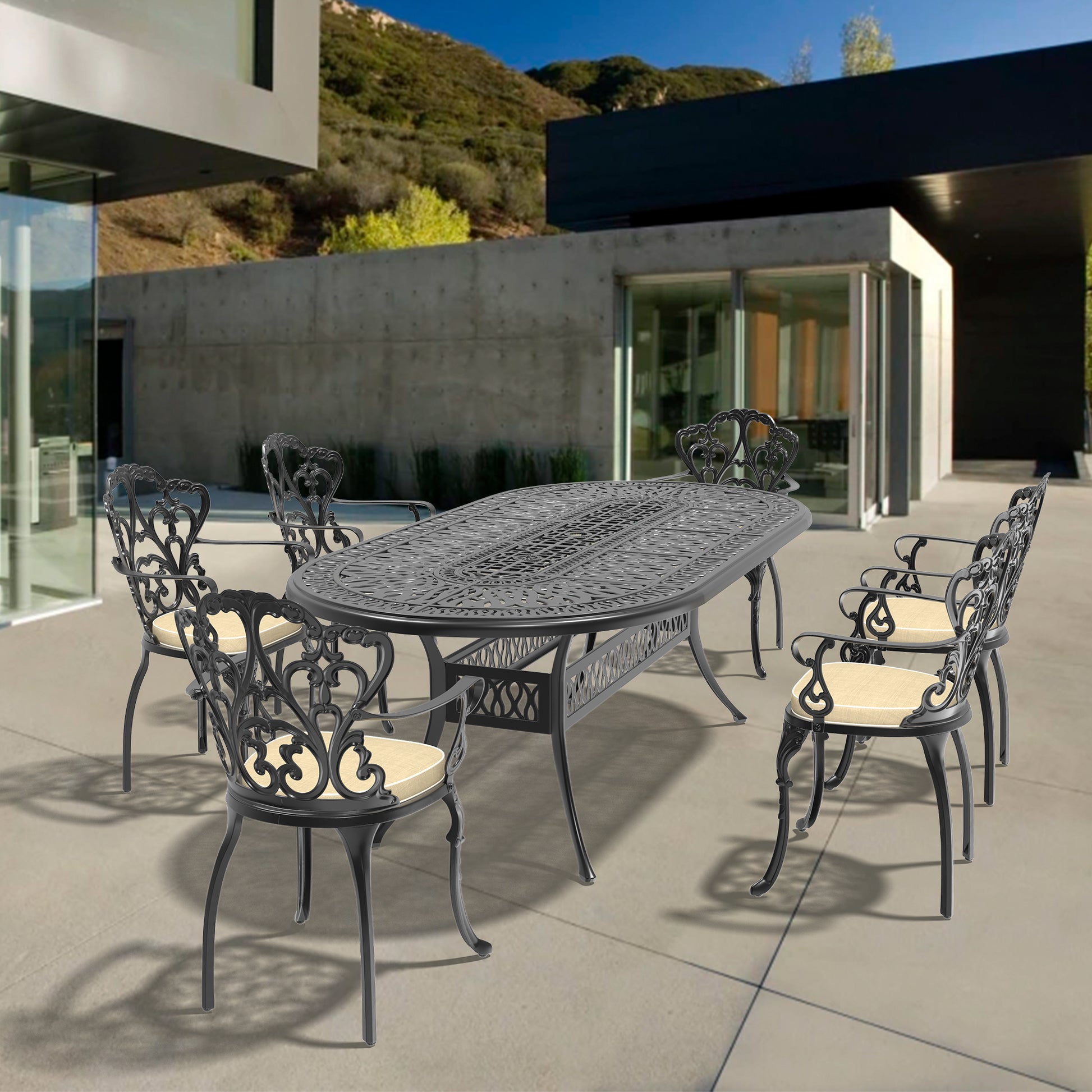 Cushions In Random Colors 7 Piece Set Of Cast Aluminum Patio Furniture With Cushions Yes Dining Set Black Seats 6 Rust Resistant Frame Water Resistant Cushion Garden & Outdoor Complete Patio Sets Aluminium