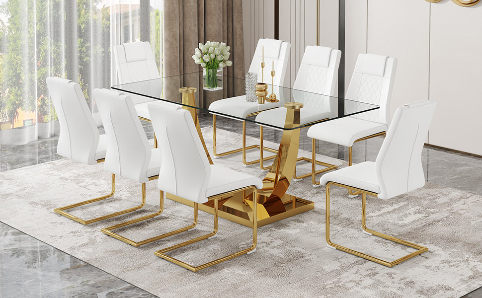 Table And Chair Set.Modern Rectangular Dining Table With Transparent Tempered Glass Tabletop And Gold Plated Metal Legs.Paried With 8 Comfortable Chairs With Pu Seats And Golden Metal Legs. Transparent,White Gold Seats 8 Glass Metal