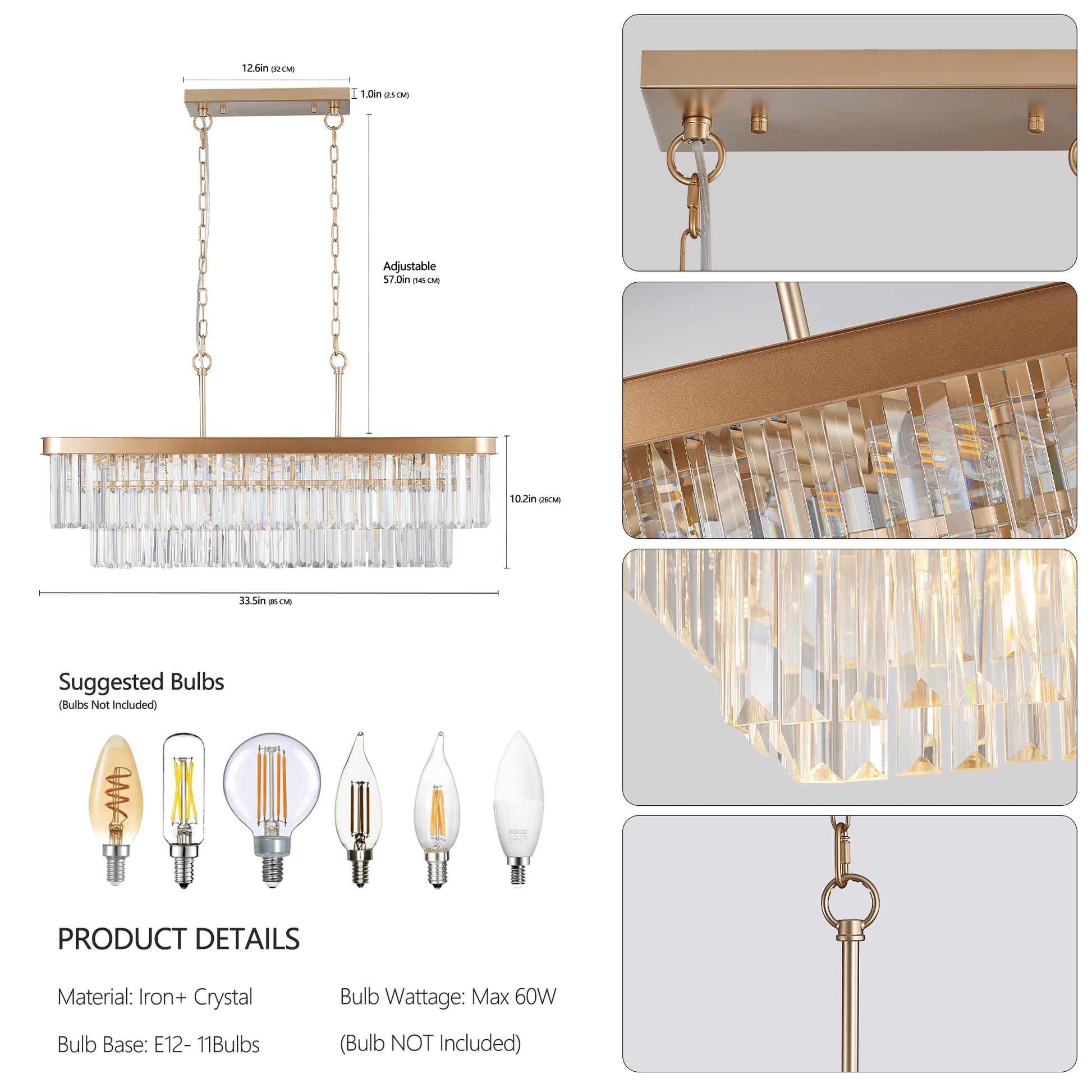 Chandeliers,Rectangular Crystal Chandelier Adjustable,E12 Modern Industrial Crystal Lights,Farmhouse Iron Ceiling Hanging Light For Kitchen Living Room Bedroom Gold Bulb Not Included Gold Crystal Iron