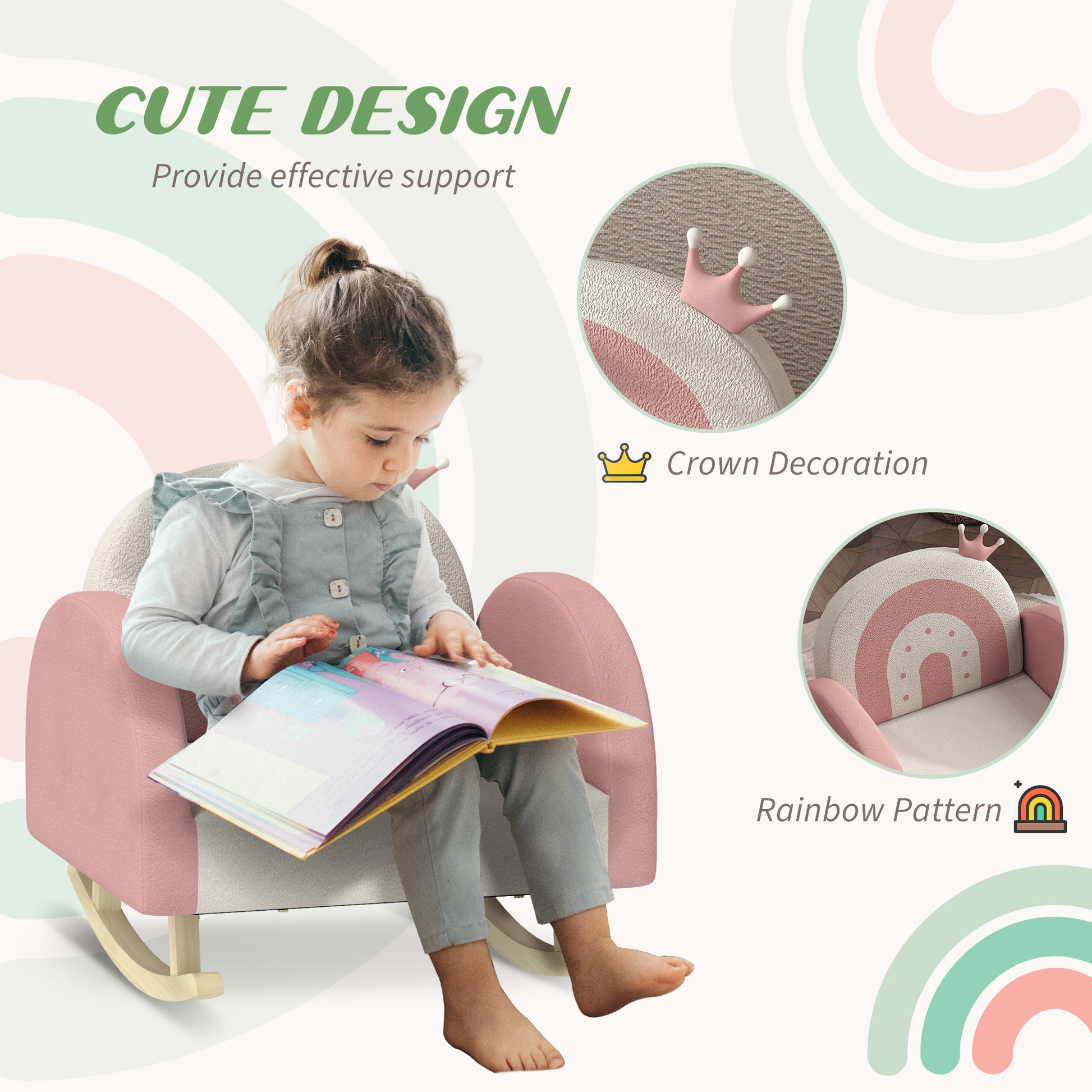 Qaba Kids Rocking Chair, Princess Crown Toddler Chair, Children'S Armchair Rocker With Rainbow Backrest For Bedroom, Playroom, Pink Pink Wood