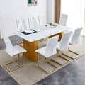 Table And Chair Set.Large Modern Rectangular Table With 0.4 Inch Patterned Glass Tabletop And Large Mdf Table Legs.Comes With 8 Chairs With Faux Leather Cushioned Seats And Golden Metal Legs. Gold White Seats 8 Mdf Glass