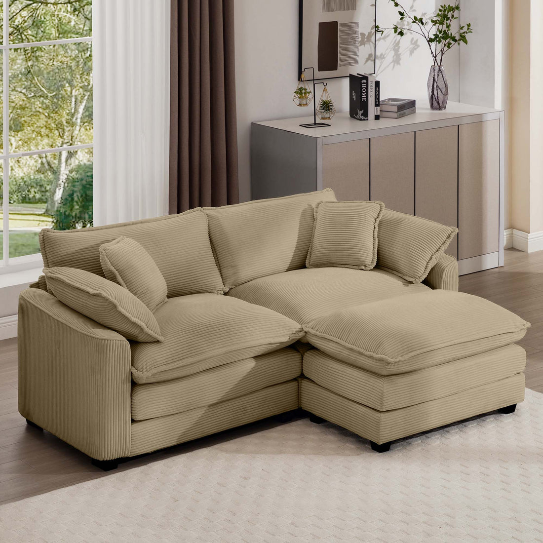 Corduroy Two Seater Sofa With 1 Footrest, L Shaped 2 Seater Sofa With Ottoman For Small Living Spaces, Tan Corduroy Sofa Tan Corduroy 2 Seat