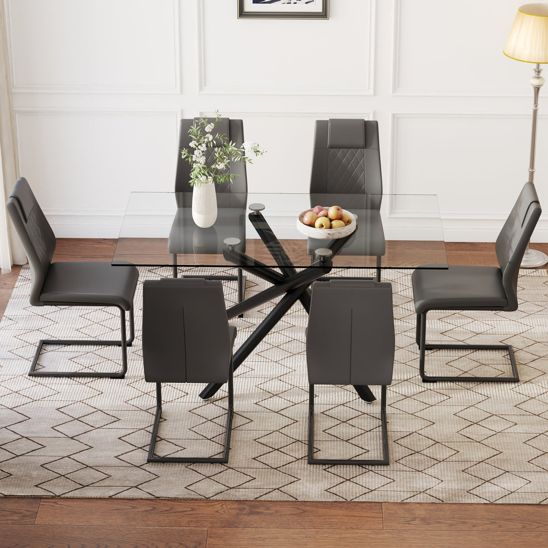 Table And Chair Set.Modern Rectangular Glass Dining Table With 0.39" Tempered Glass Tabletop And Black Metal Legs.Paired With Multiple Chairs Designed With Pu Cushions And Black Metal Legs. Black Grey Seats 6 Tempered Glass