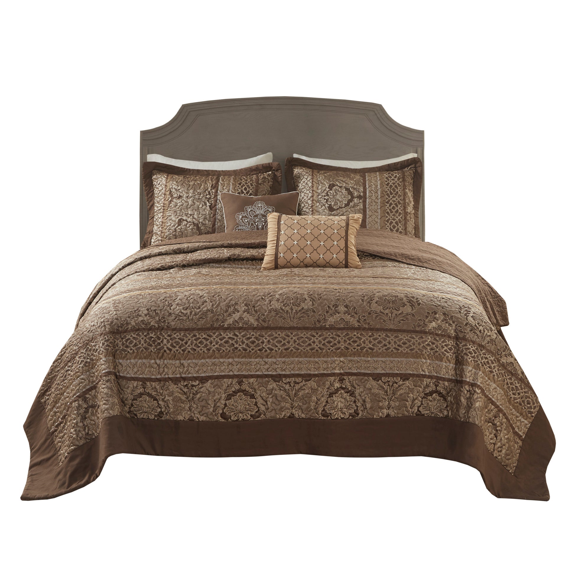 5 Piece Reversible Jacquard Bedspread Set Brown Gold Queen Queen Brown Gold Microfiber