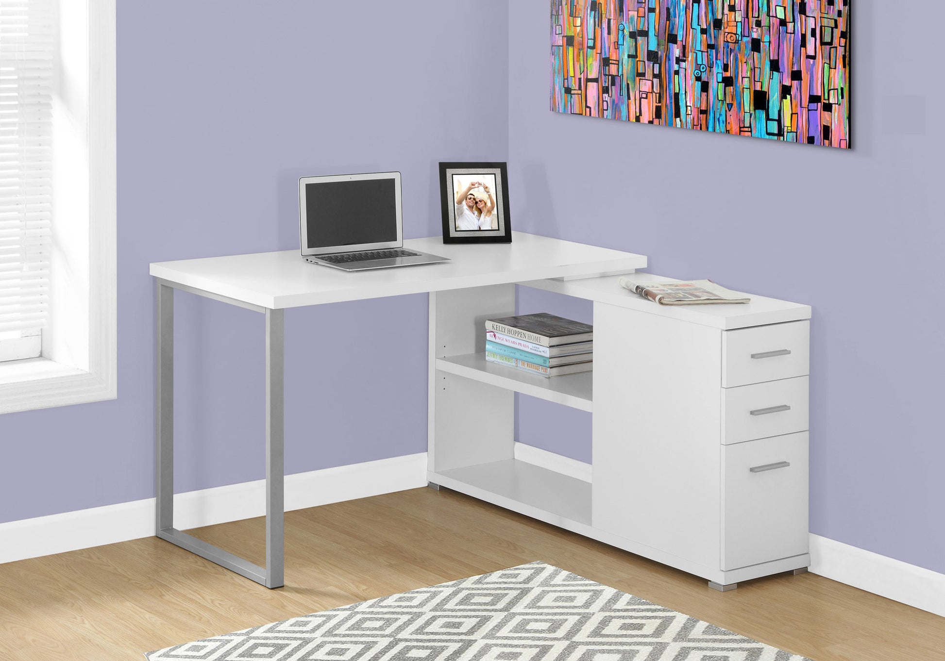 Computer Desk, Home Office, Corner, Left, Right Set Up, Storage Drawers, L Shape, Work, Laptop, White Laminate, Grey Metal, Contemporary, Modern White Particle Board