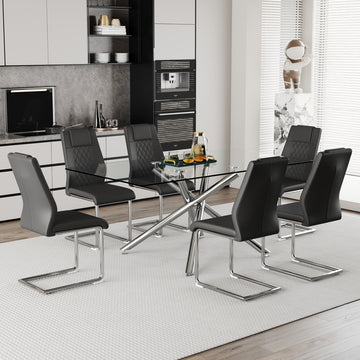 Table And Chair Set.Modern Luxurious Transparent Tempered Glass Dining Table Set With 6 Chairs.Single Fork Silver Metal Table Legs.Black High Quality Pu Dining Chairs With Silver Metal Legs.