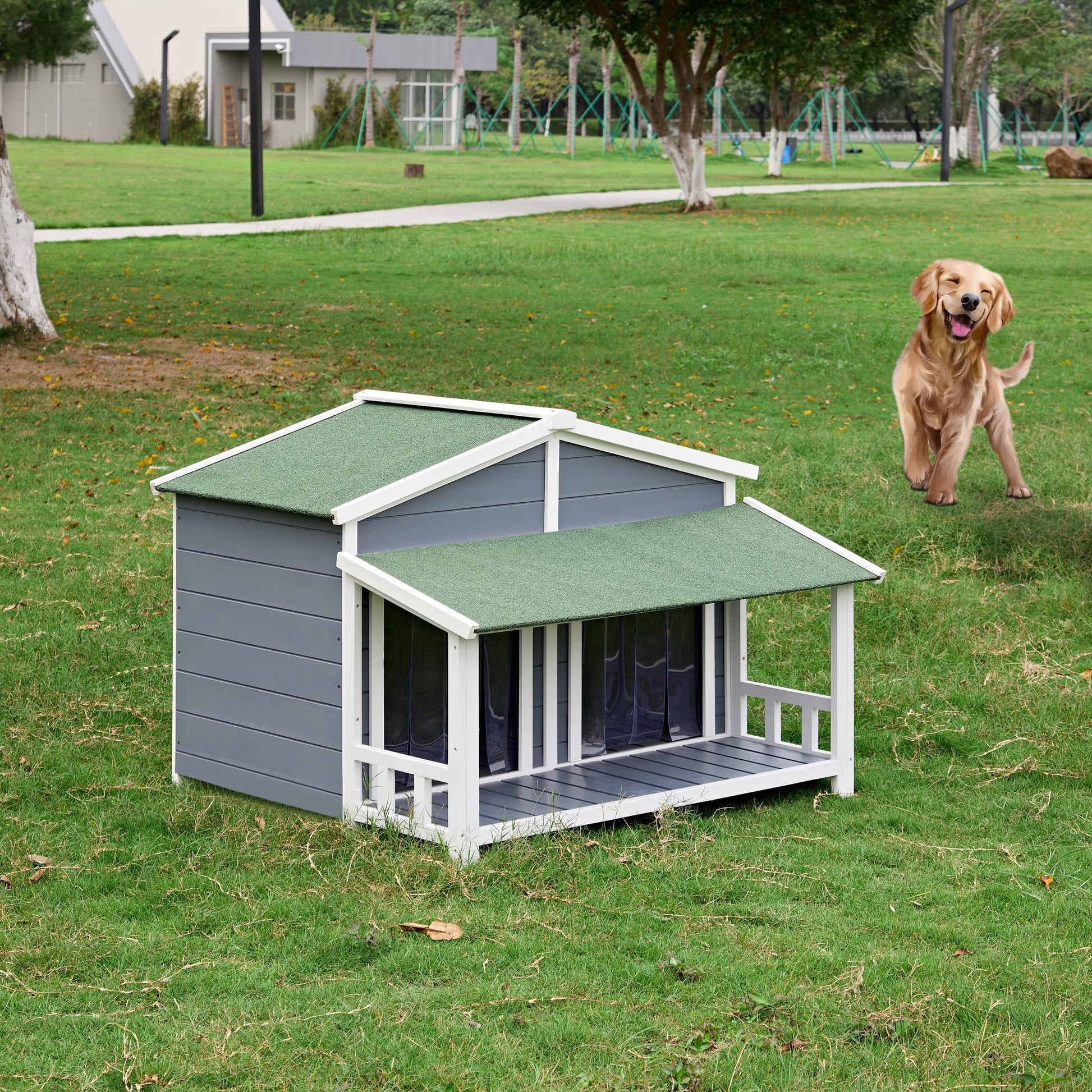 Dog House, Waterproof Dog Cage Kennel, Wooden Outdoor And Indoor Dog House, Log Cabin Style With Porch,Elevated Floor, 2 Doors, Pine Wood Blue Green Blue Pine