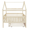 Full Size Wooden House Bed With Twin Size Trundle, Natural Full Natural Solid Wood Mdf