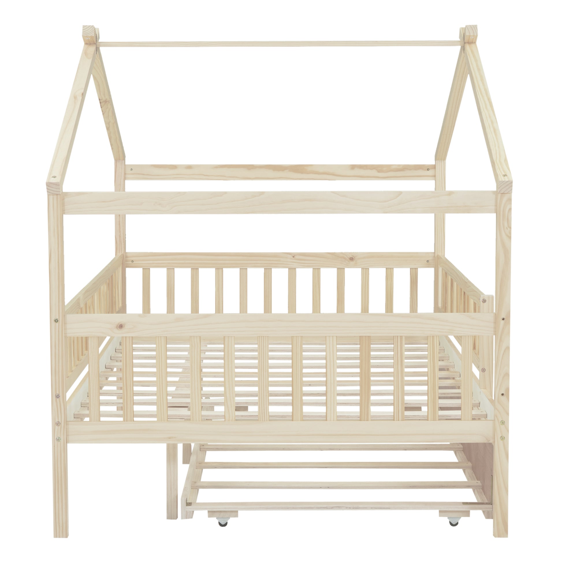 Full Size Wooden House Bed With Twin Size Trundle, Natural Full Natural Solid Wood Mdf