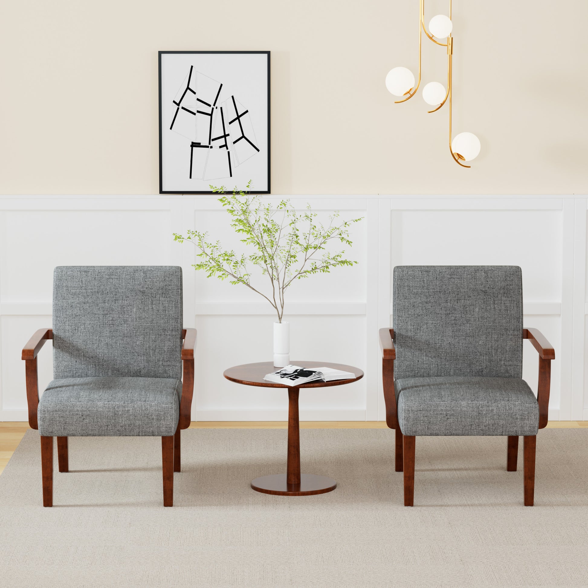 Fabric Accent Arm Chair Set Of 2 With Round Wood Table Grey Fabric